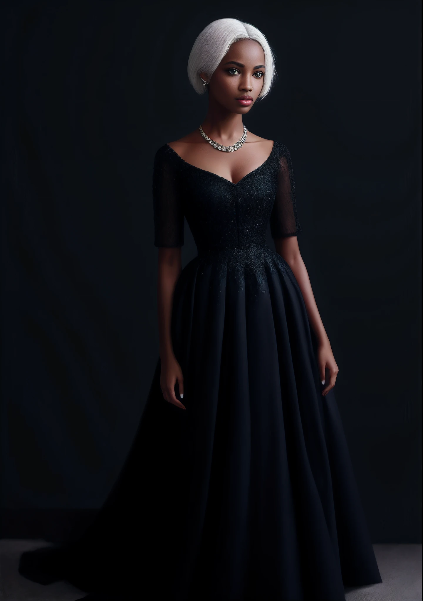 White hair，Dark evening dress，Blue eyes like gems，Black skin，The aristocratic lady of Africa，Two-dimensional painting style