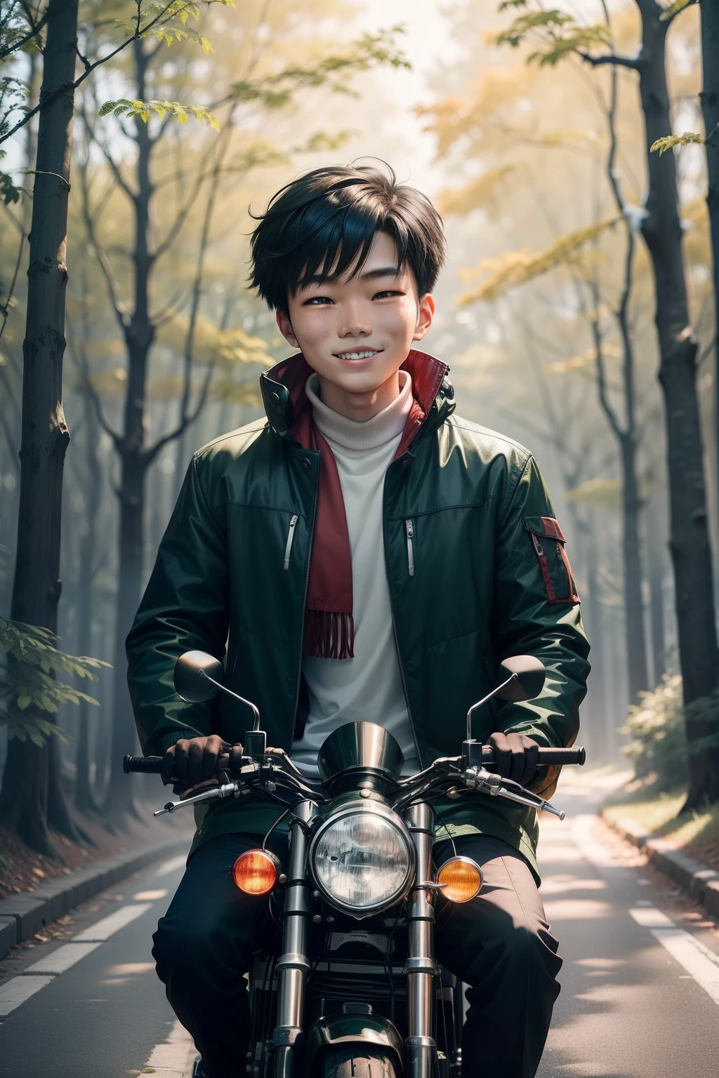 In the red and green forest, There is an Asian teenager smiling on the road to the future,He's about to make a lot of money,style of anime,
