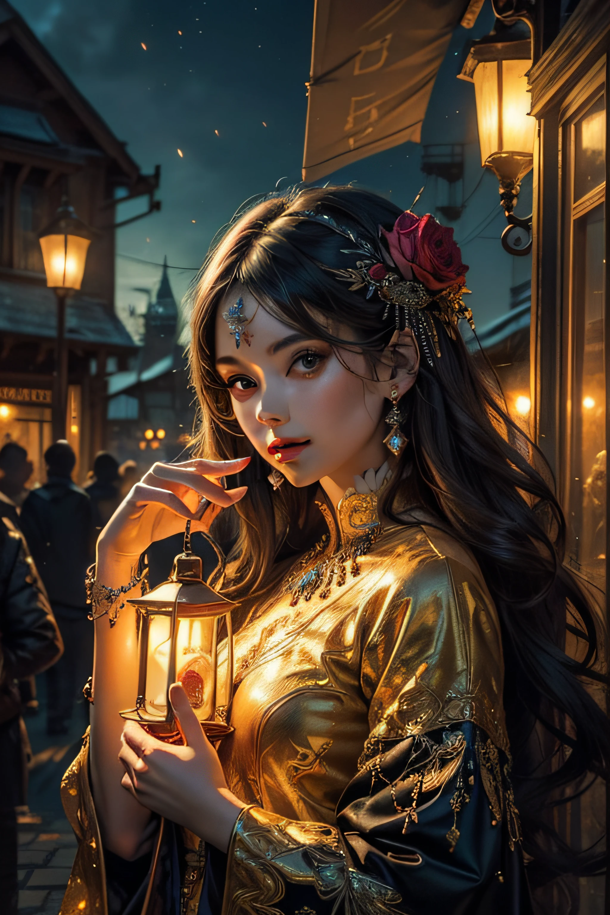(masterpiece, top quality, best quality, official art, beautiful and aesthetic:1.2), (1girl), extreme detailed,(fractal art:1.3),colorful,highest detailed, holding lantern