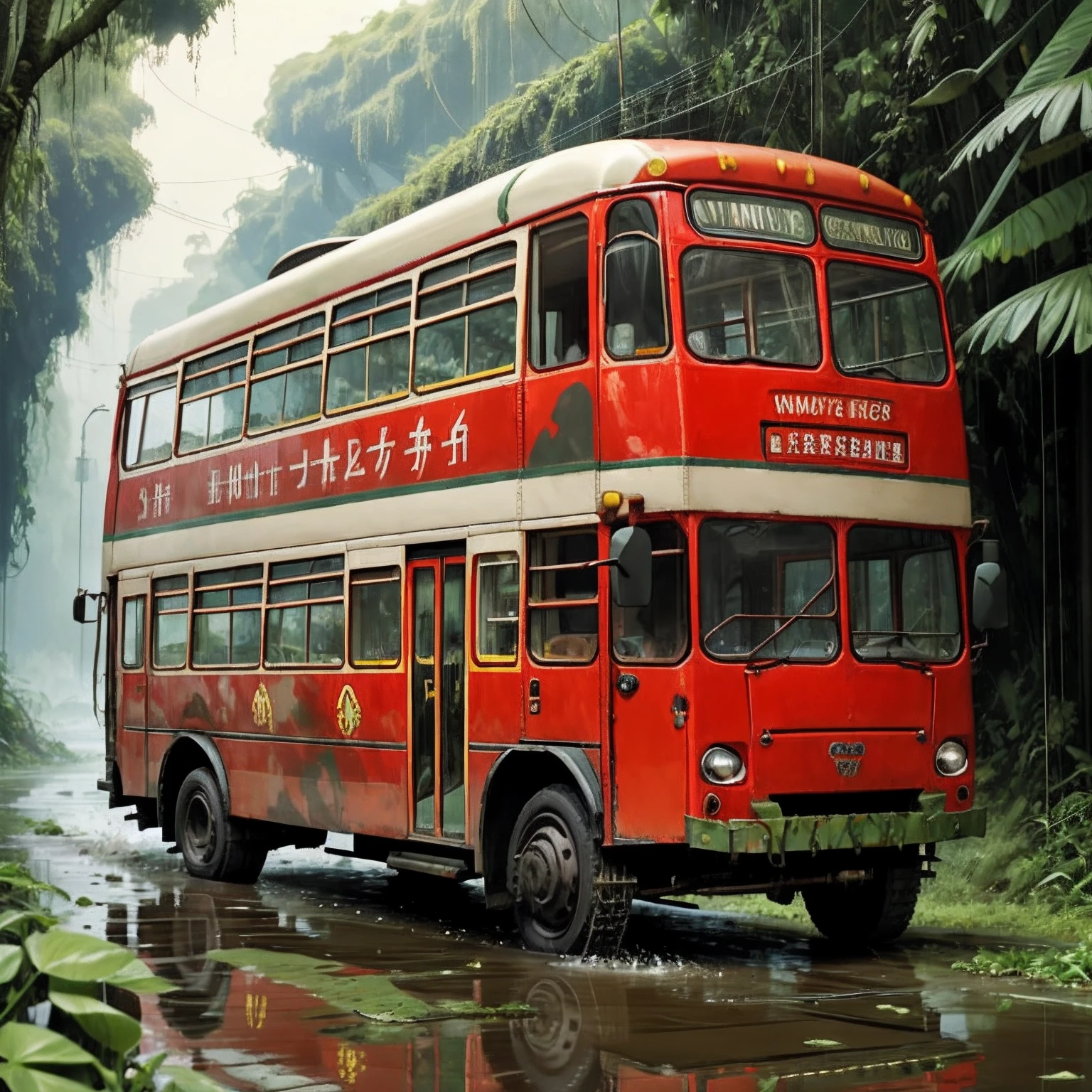 (chariot:1.1), (trolleybus:1.08), (Painted bright red:1.05), Vehicle focus, no man, debris, camouflage, slime, splashing, jungle, dirty