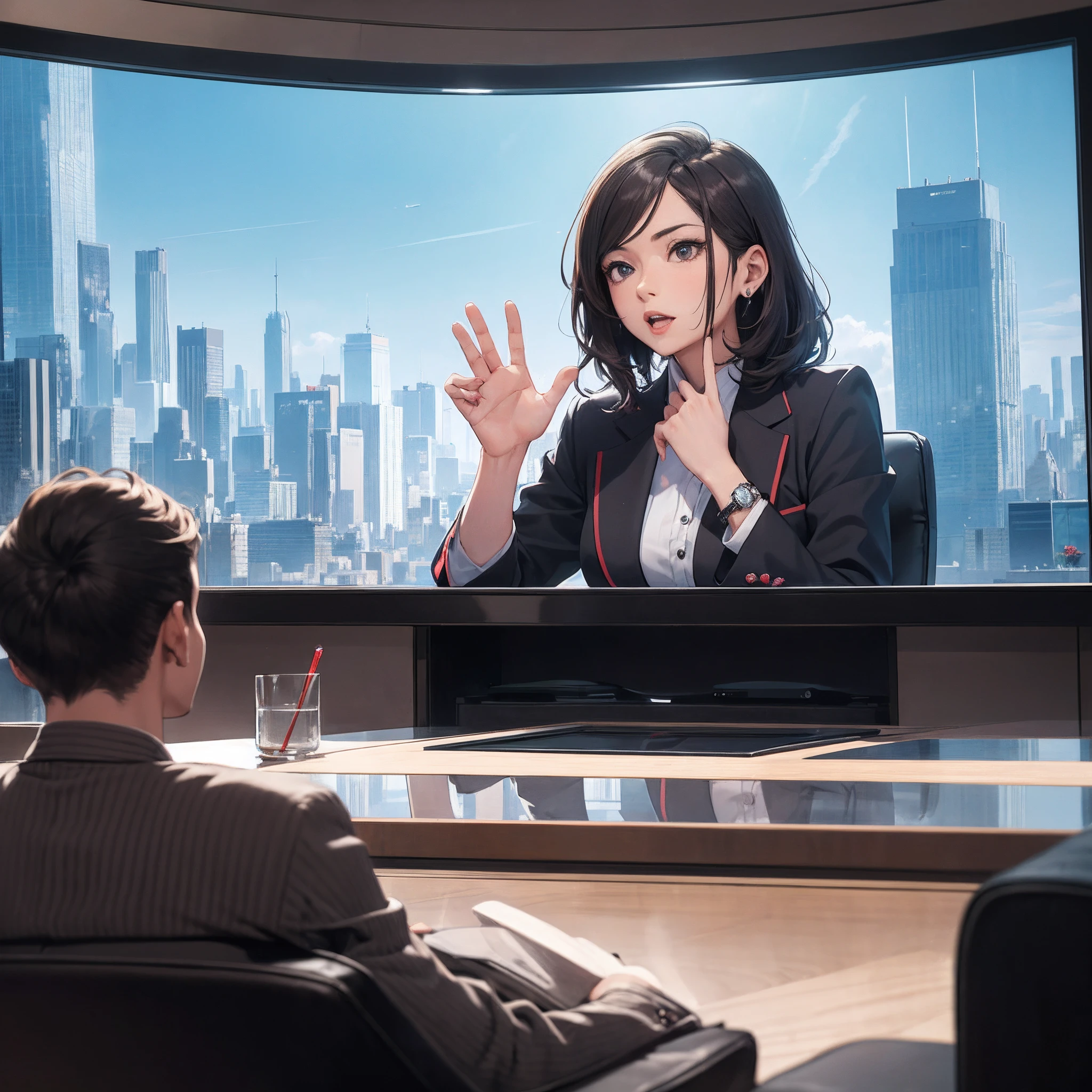 Absurd resolution, high resolution, (masterpiece: 1.4), hyper-detail, TV hostess is explaining the news, sitting, serious expression, big screen