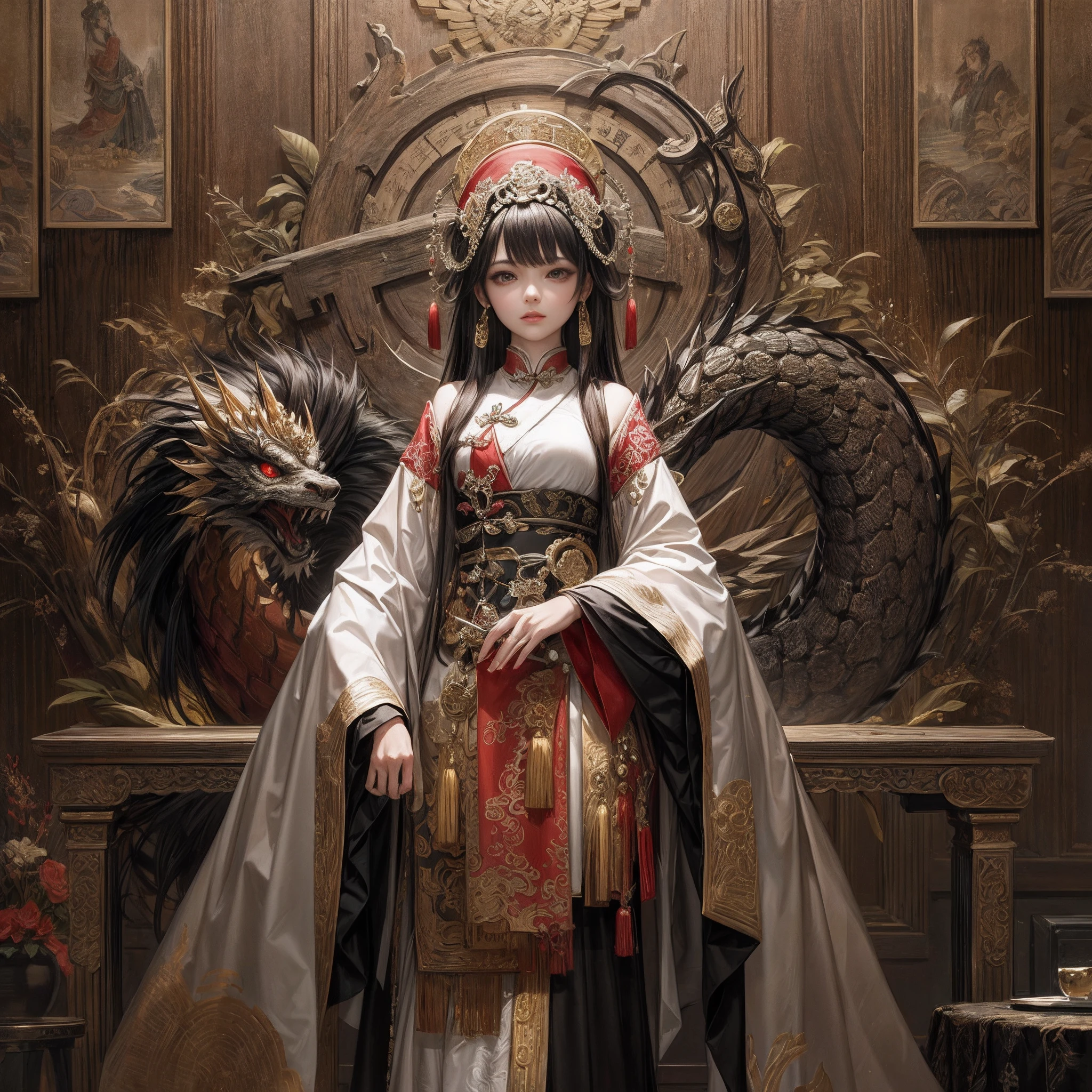 Dark majestic Chinese palace,Chinese dragon relief wall,background, brown peaks andswirls, a beautiful girl standingin the center of the palace,mountain peak, traditionalChinese costume jewelry, acryli oil painting,red and white and pink,Gold color scheme, elaborate costumesfull face, full body photos,traditional costumes, strikingdetails, best quality,insanely detailed and intricate, hypermaximalist, elegant, ornate, hyper realistic, super detailed