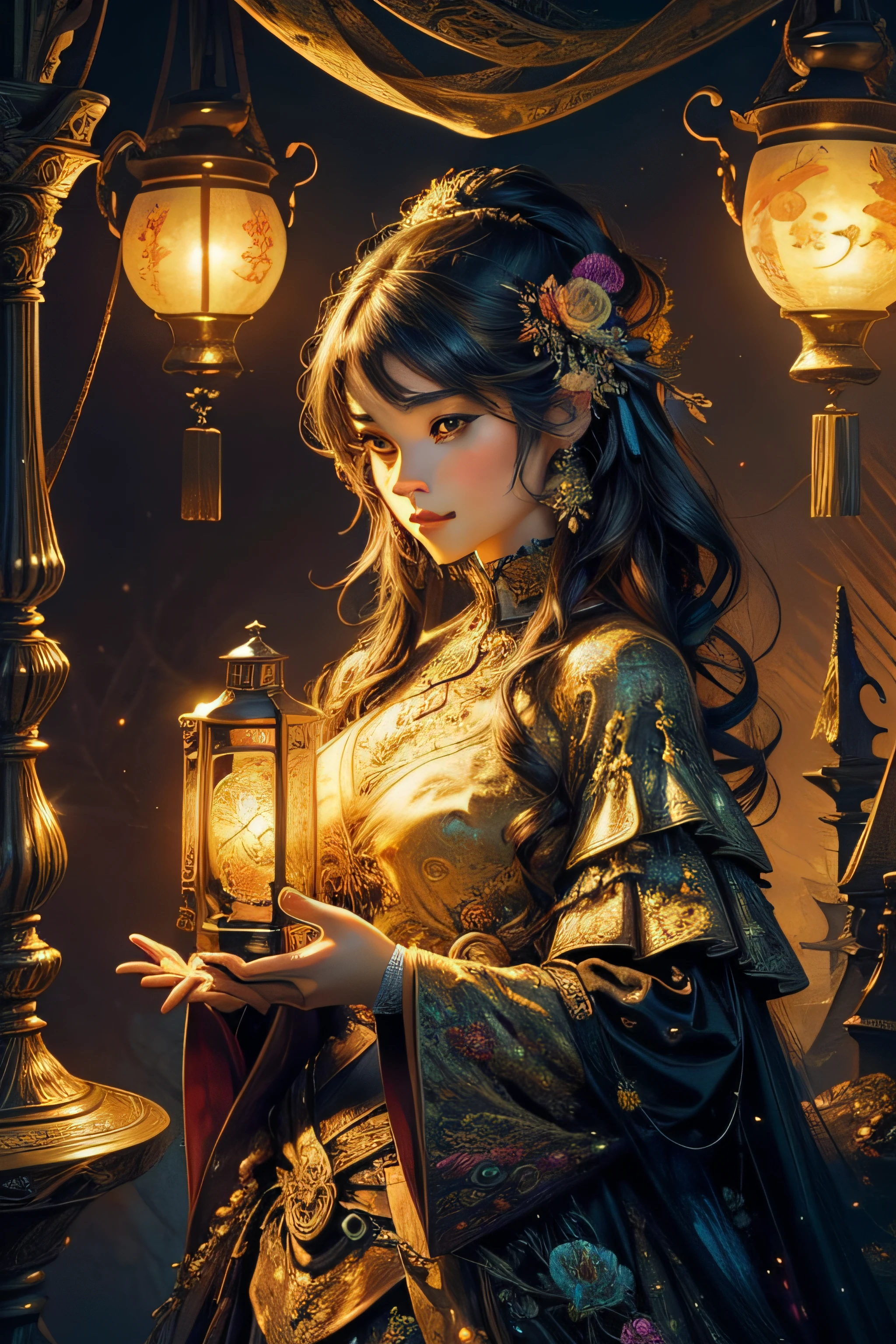 (masterpiece, top quality, best quality, official art, beautiful and aesthetic:1.2), (1girl), extreme detailed,(fractal art:1.3),colorful,highest detailed, holding beautiful lantern