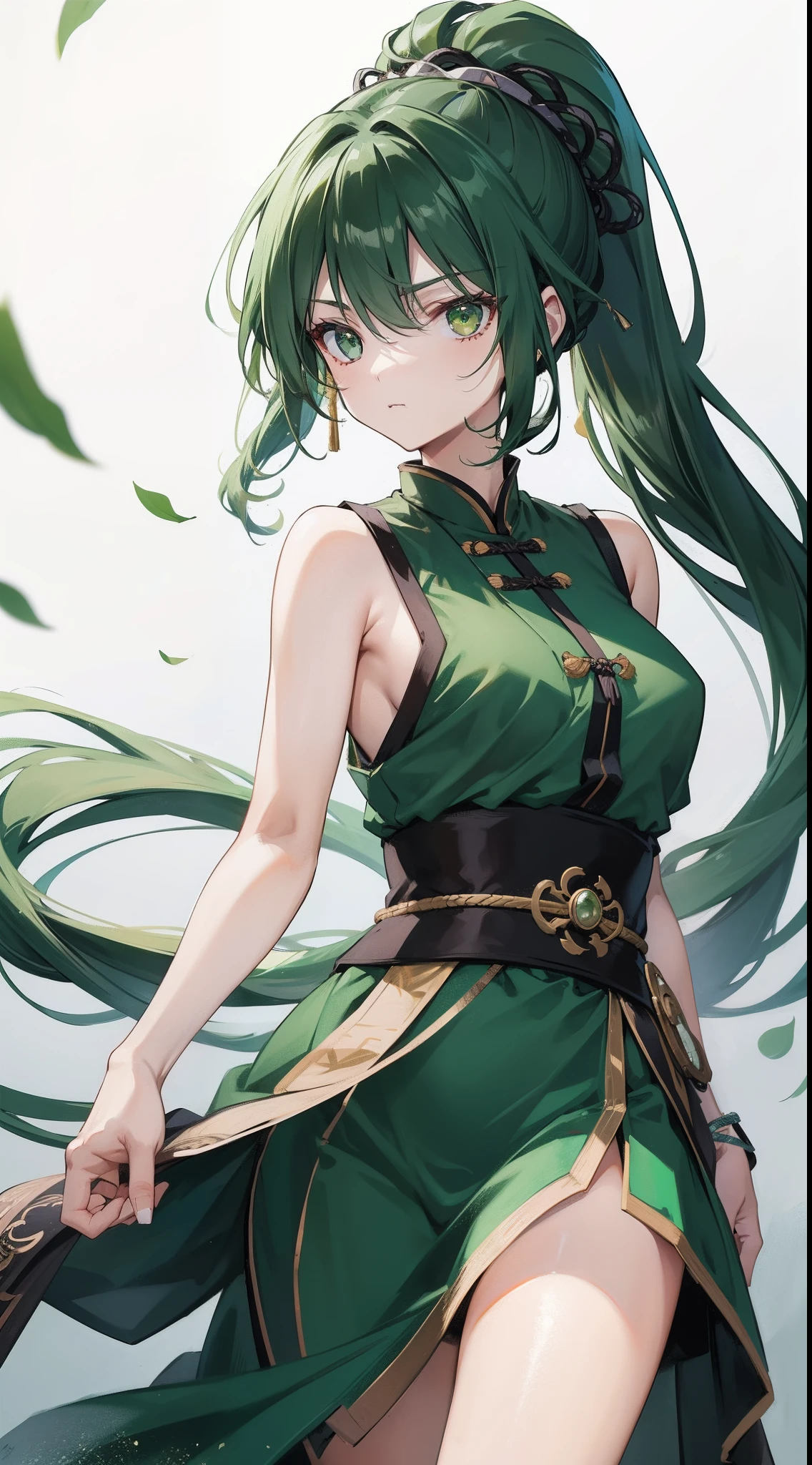 Masterpiece, Best quality, 1 Female, Mature Woman, Elder Sister, young girl, Royal Sister, the expression cold, strong, green eyes, long hair, smoky mix green color hair, resolute eyes, red lips, simple black and white chinese dress, Chinese mix morden, wear trouser, frontal photo, black or white background, simple background, anime, illustration, serious outfit