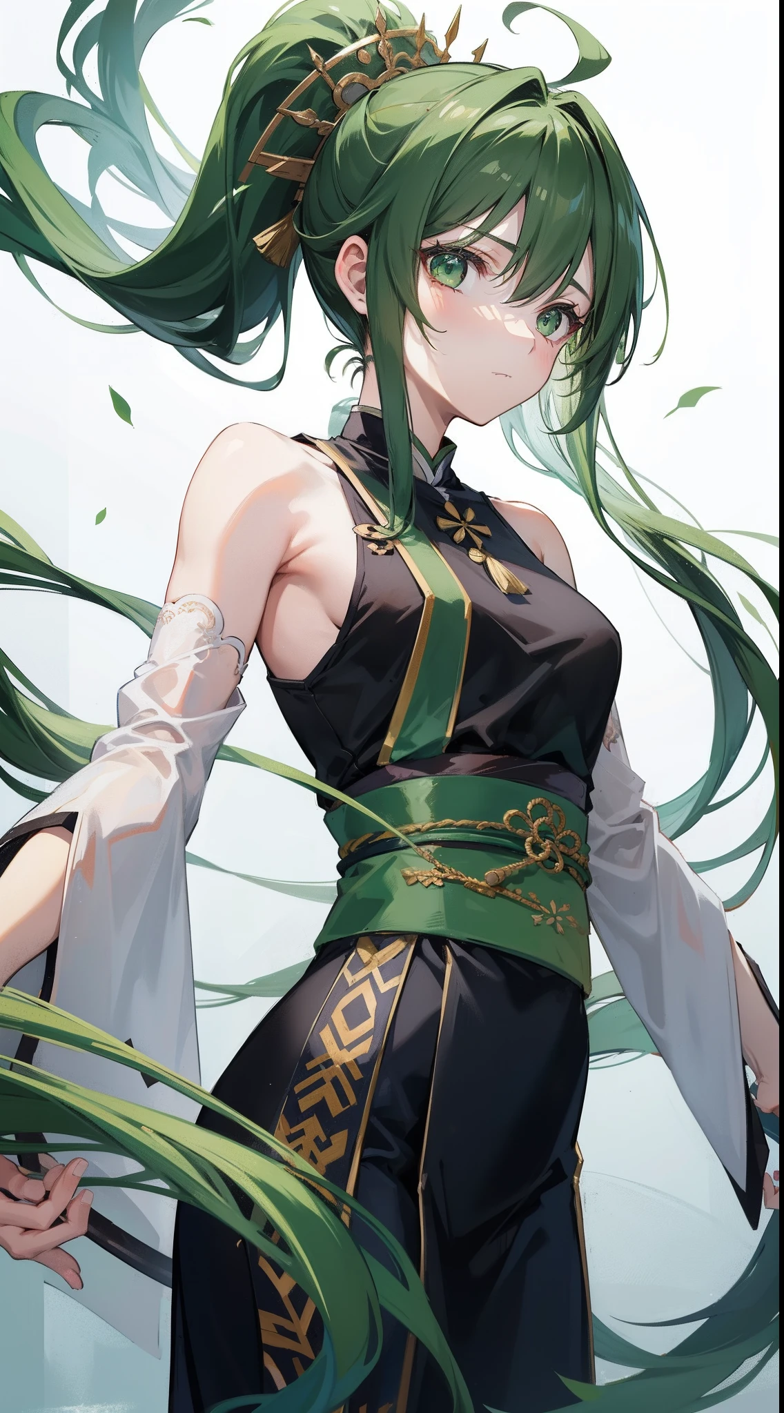 young boy, long dark green hair, high ponytail, Green eyes, Battle with Hanfu, Sleeveless, open breasts, Masterpiece, hiquality