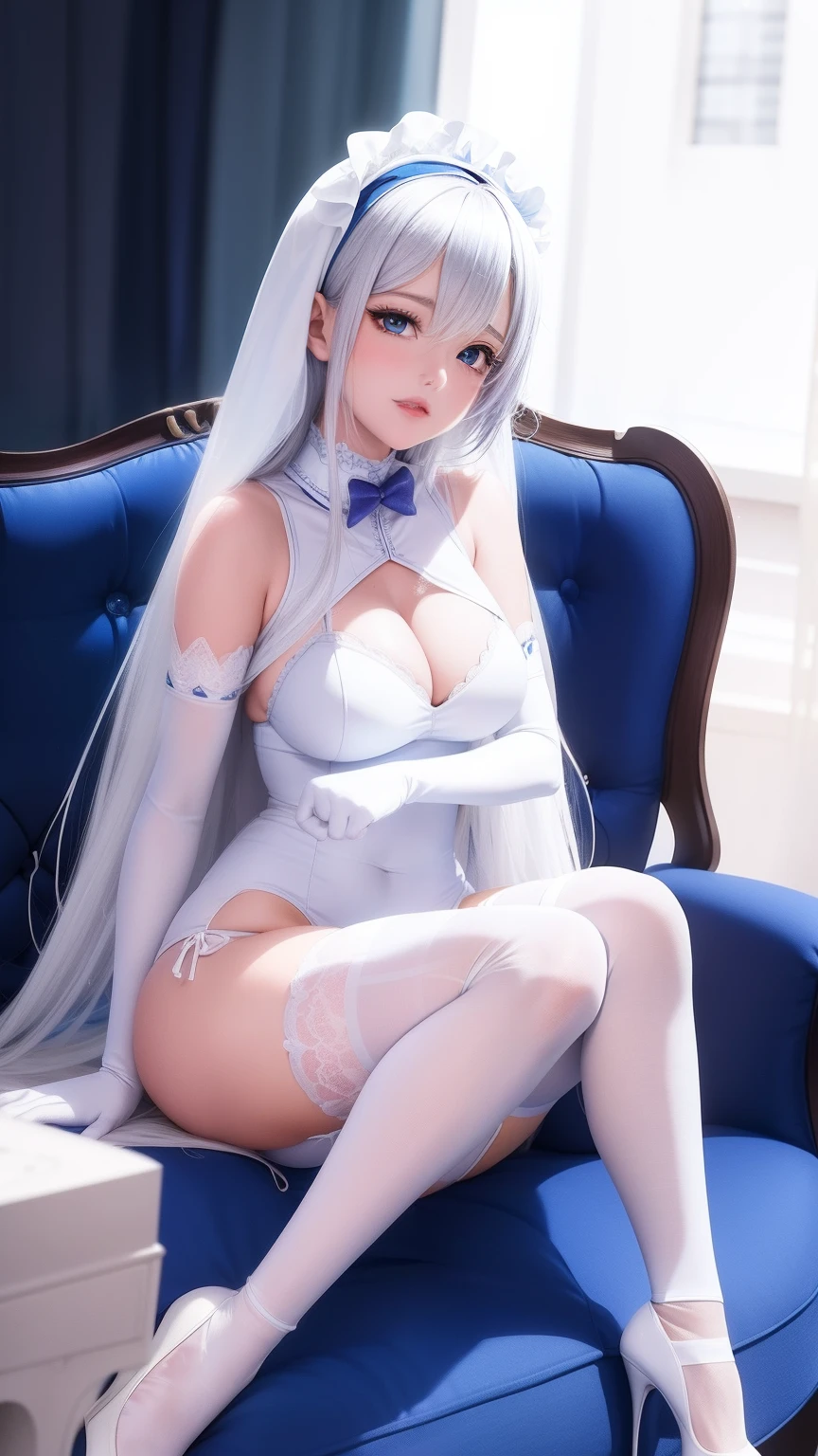 Alafi sitting on blue sofa in white underwear, Anime girl cosplay, cosplay, white and purple, Anime cosplay, the anime girl is crouching, White stockings, cosplay foto, Full length and white stockings, Shiny white skin, glamourous cosplay, 2 b, 2b, Ayaka cosplay, anime barbie in white stockings, 4K]