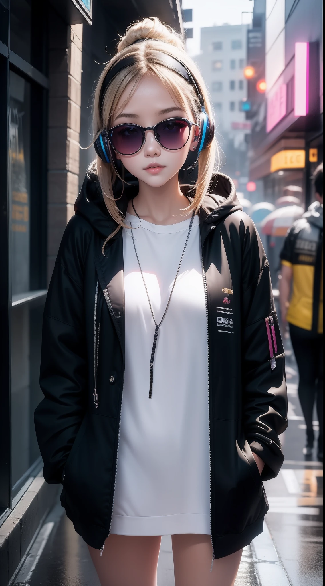 Masterpiece,1girll,Solo,unbelievable Ridiculous,Hoodie,Earphone, Lunette de soleil。street,Outdoors,rain,Neon lights,