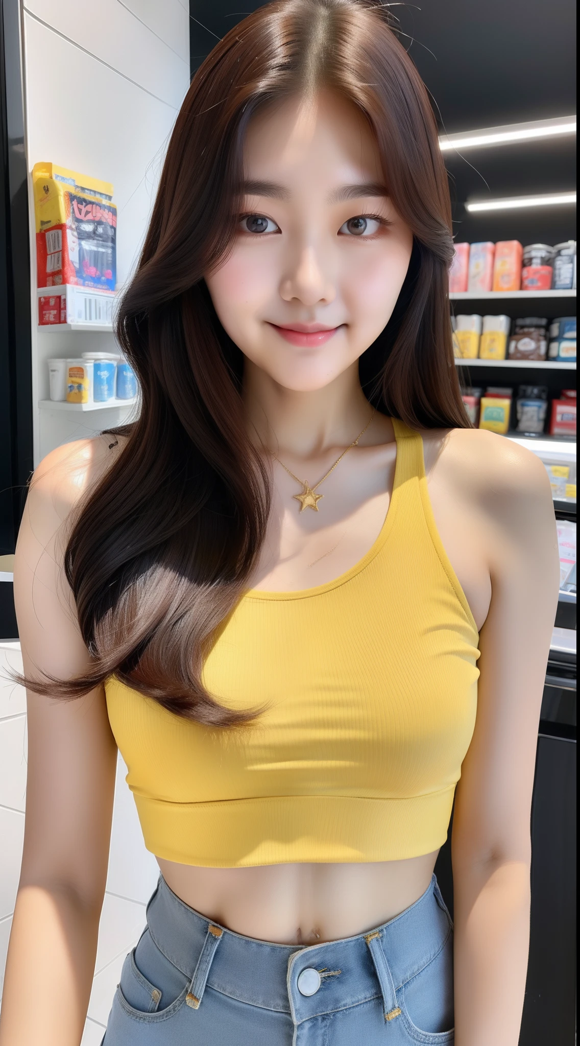 realistic photos of (1 cute Korean star) Shoulder-length hair, White skin, thin makeup, Bust size 32 inches, slight smile, Wear a yellow crop top., trousers, Fist lift, At the convenience store., Upper body, 11