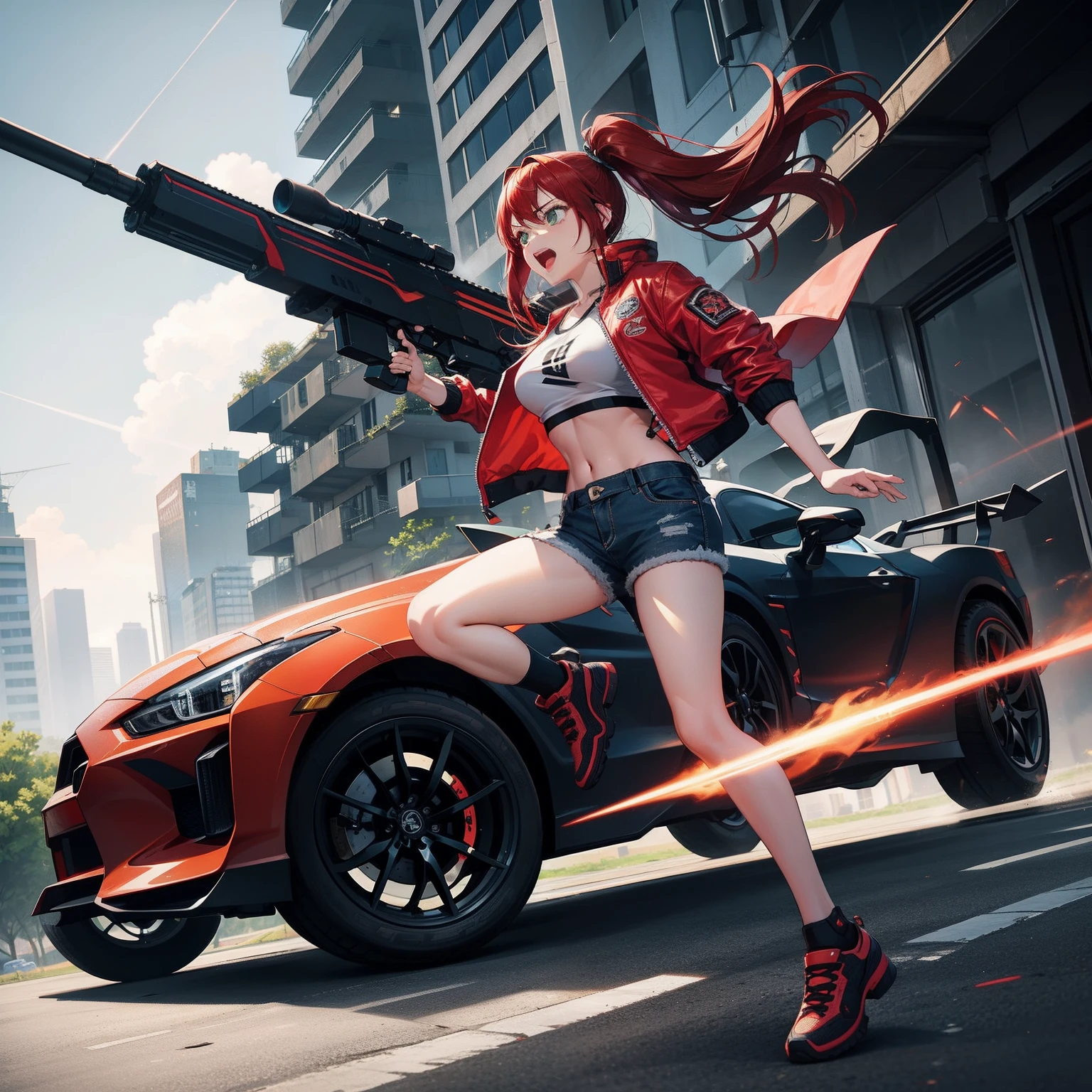 Full body shot, female asian Irina Shidou red hair twintails green eyes, in a cyberpunk city, wearing a bomber jacket and crop top and denim shorts, standing next to a Nissan GT-R, holding a big machine gun, holding a long laser rifle, shooting laser rifle, shooting lasers up at the sky, missile strike, rocket launch,  rapid fire, explosions, running and jumping, open mouth, screaming, frontal shot, side shot, rear shot, back shot, behind shot, masterpiece, highly detailed