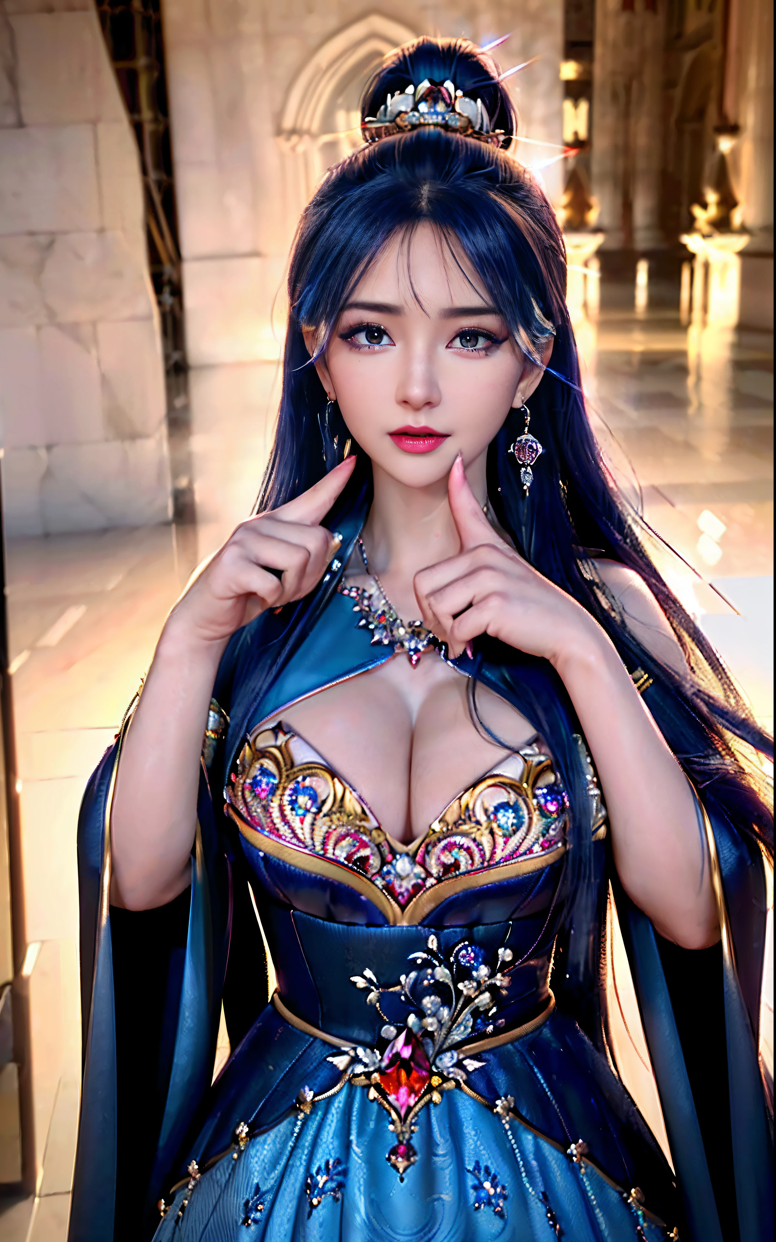 ((realisticity: 1.2)), ((realistic: 8K UHD)), ((best resolution: 8K UHD)), hyper detailed, best quality,masterpiece,highres,cg, ((1 girl hyper detailed and hyper realistic) ) , ((beautiful queen, hyper realistic and hyper detailed)),((white skin, beautiful, smooth, youthful, hyper realistic and hyper detailed )), ((Face hyper beautiful, white, hyper realistic and hyper detailed ) ), long hair, ((hyper realistic and hyper detailed dress)), solo, ((hyper realistic, hyper beautiful, beautiful and hyper detailed jewelry)), ((hyper beautiful deep red and golden yellow dress, hyper realistic and hyper detailed )) , ((Her pretty, hyper realistic, hyper detailed diamond filled earrings)), ((Her gorgeous diamond haircut, hyper realistic and hyper detailed)), ((hyper pretty upper body, hyper beautiful, hyper realistic and hyper detailed) ), ((medium breast: 1.1)), ((hyper realistic, hyper pretty, hyper detailed boobs)), ((the backgroun of the royal palace is hyper majestic, hyper realistic and hyper detailed)),((hands and palms hyper beautiful, hyper detailed, hyper realistic)), ((hyper detailed and hyper realistic fingers and fingernails)), ((hyper pretty fingernails, hyper vivid, hyper detailed, hyper realistic)), ((thumb, index finger, middle finger, ring finger, little finger hyper vivid, hyper pretty, hyper detailed, hyper realistic)), ((hyper beautiful fingers, hyper detailed, and hyper realistic)), ((posture not too fat and not too thin, hyper realistic, hyper detail)), ((hyper pretty, hyper pretty, hyper realistic and hyper detailed hair bun)), ((hyper pretty , hyper realistic and hyper detailed blue hair)), candid, Photo, high resolution, 8k , bokeh,