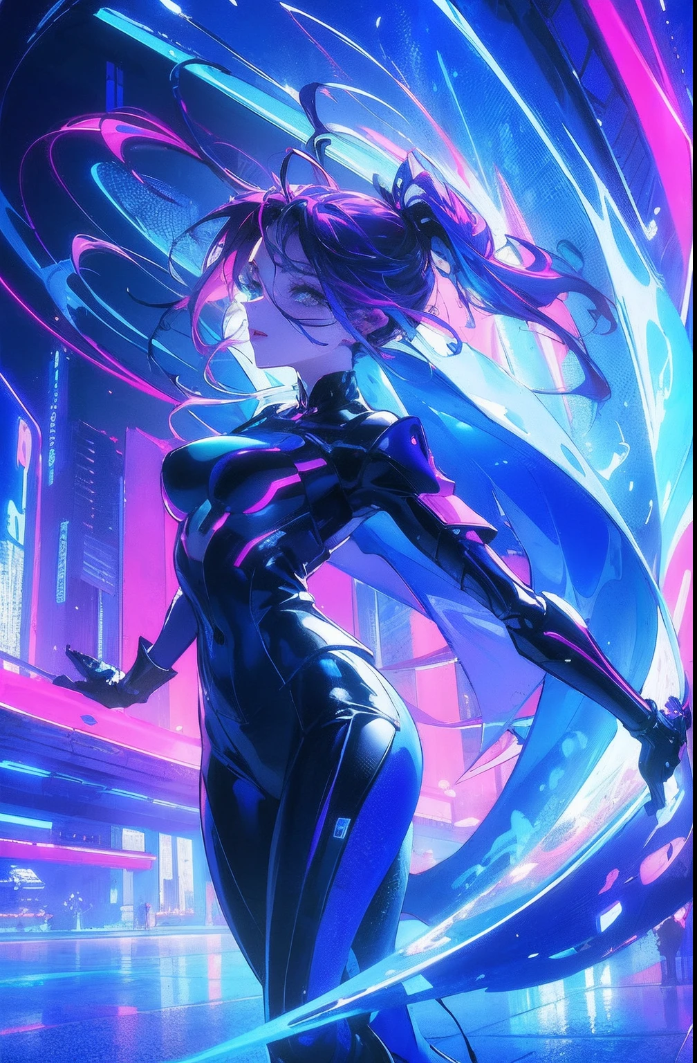 (Masterpiece, Top quality, Best quality, offcial art, Beautiful and aesthetic:1.2),(Blue-violet Neon Lighting), (Vibrant glow), Dynamic colors, Striking contrast, futuristic vibe, electric energy,shiny reflective surfaces,(Cityscape:1.3),8K,offical wallpaper, ...