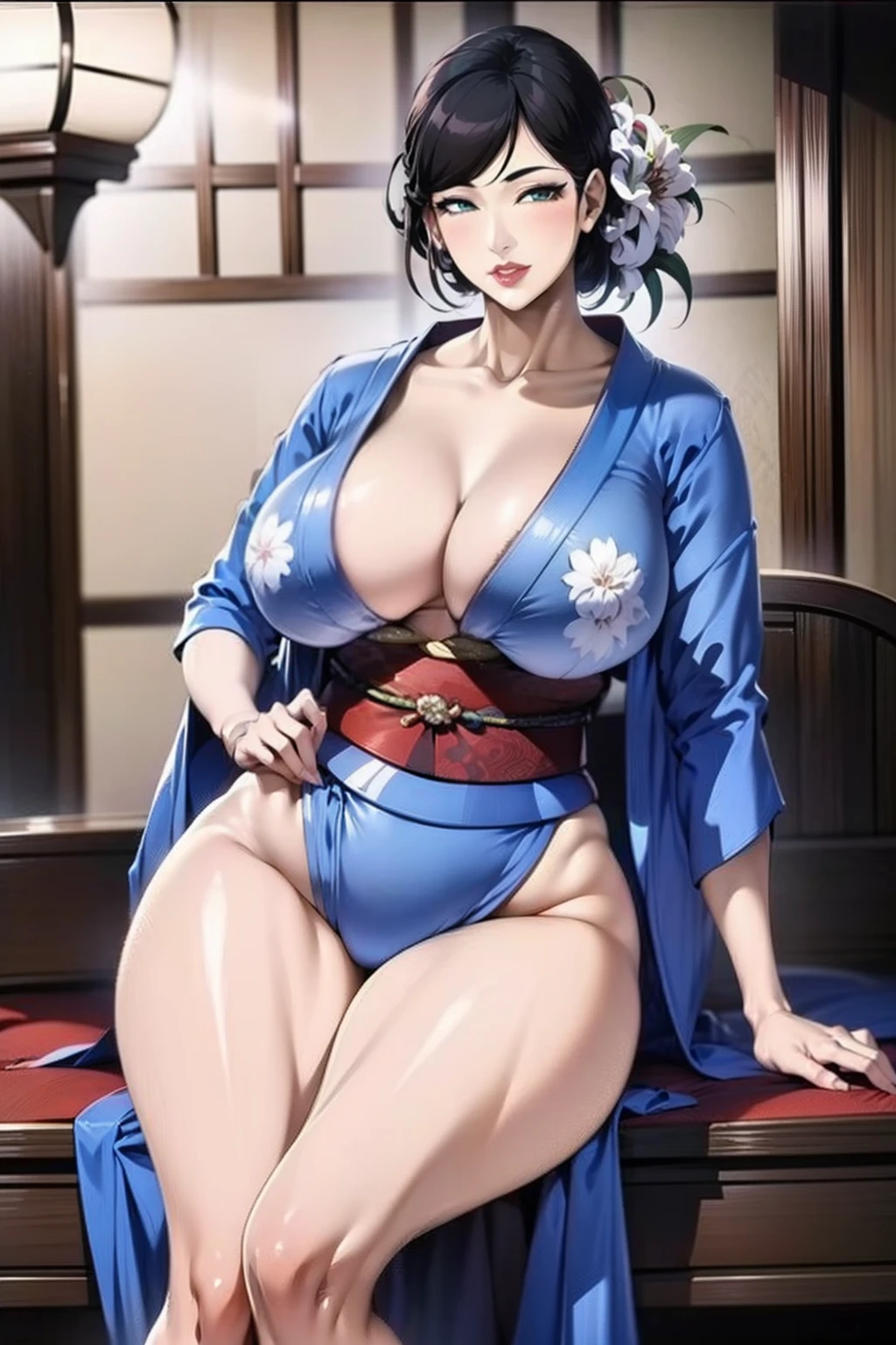 1womanl， （tmasterpiece： 1.3），Beautiful mature Japanese woman， detailed finger， beautiful hand， hyper realisitc， 1womanl， （Sagging breasts， Bewitching body： 1.2） brunette color hair： 1.1， Super detailed face， Detailed lips， Detailed eyes， 二重まぶた， red kimono， Open neckline， Side posture， visible curves，full body1:1，Beautiful legs，Full body composition，full body1:1，Pose gracefully，Red clothes