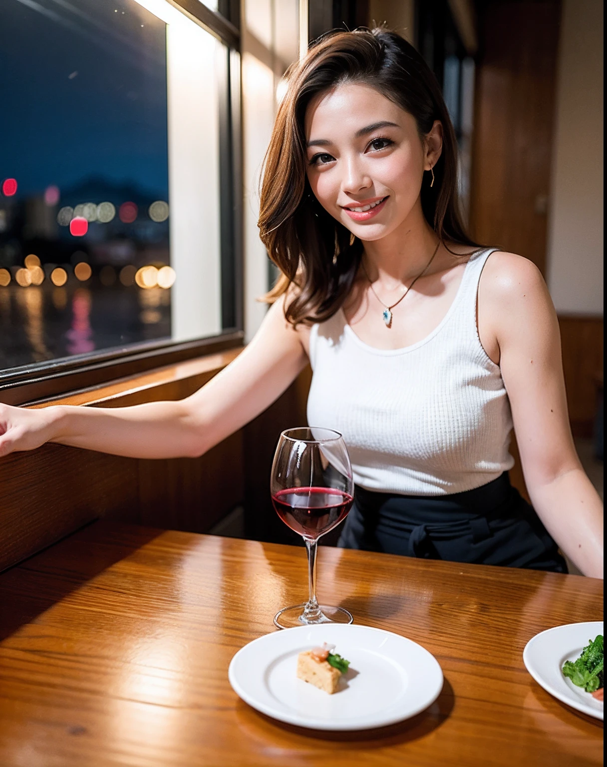 (64K, UHD, top quality, masterpiece: 1.2), (realistic, photorealistic: 1.37), super detailed, pretty woman 1 person, (slim face), (slim body), (brown hair), (short cut), cheeks slightly blushing, (44 years old), 38 years old, solo, beautiful detailed urban night view outside the window, restaurant, wine glasses sit, at night, in a prominent placeNovaFrogStyle, Actress, Model, Waist Up, White Wine, Slim, Wine Glass, Super Clean Night View, Wine Glass Put in the Middle, Happy Smile, (Smile: 1.15), Beautiful Fine Eyes, Upper Body, Bust Japan Up, Night, Short, Short, Actress, Model, Waist Up, White Wine, Slim, Wine Glass, Super Clean Night View, Wine Glass Put in the Middle, Happy Smile,