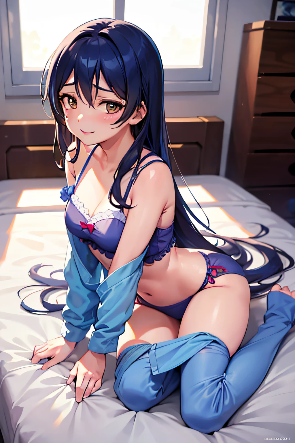 1girll，tmasterpiece，The best quality，The is very detailed, love live, Sonoda Umi, Heart eyes, on the bed, blue pajamas