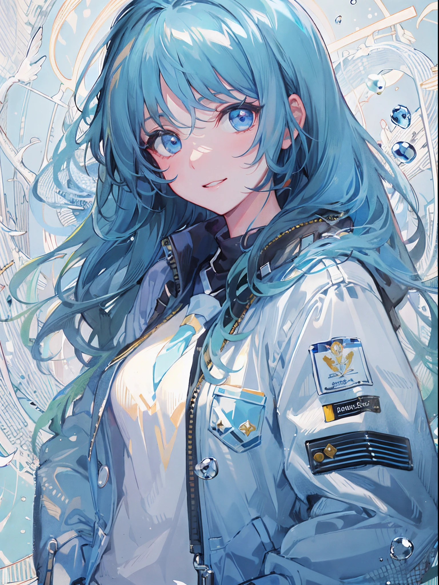 ((top-quality)), ((masterpiece)), ((ultra-detailliert)), (extremely delicate and beautiful), girl with, 独奏, cold attitude,((Black jacket)),She is very(relax)with the(Settled down)Looks,A dark-haired, depth of fields,evil smile,Bubble, under the water, Air bubble,bright light blue eyes,Inner color with light blue hair and dark blue tips,Cold background,Bob Hair - Linear Art, shortpants、knee high socks、White uniform like school uniform、Light blue ribbon ties、Clothes are sheer、Hands in pockets