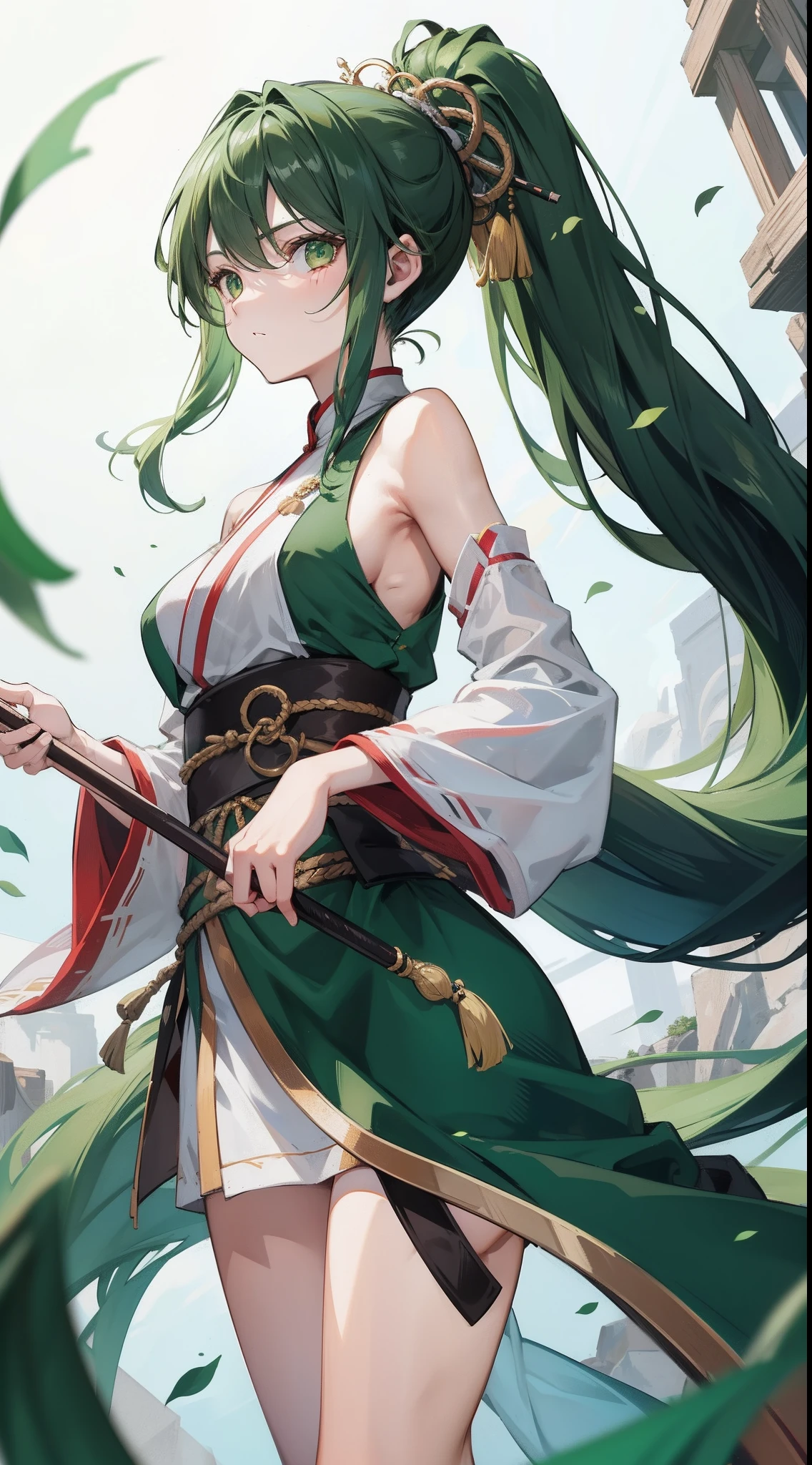 young boy, long dark green hair, high ponytail, Green eyes, Battle with Hanfu, Sleeveless, open breasts, Masterpiece, hiquality