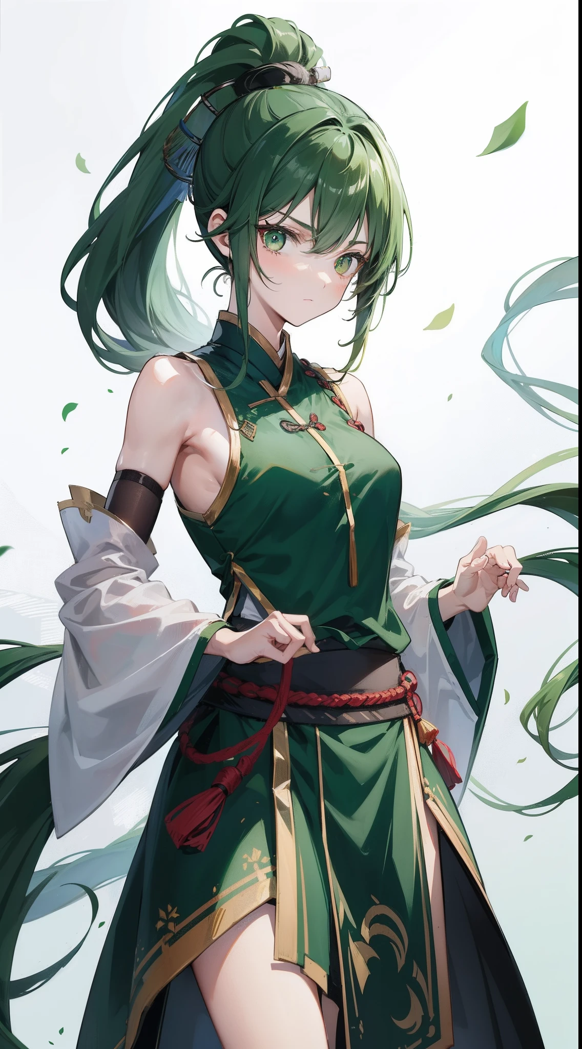 young boy, long dark green hair, high ponytail, Green eyes, Battle with Hanfu, Sleeveless, open breasts, Masterpiece, hiquality