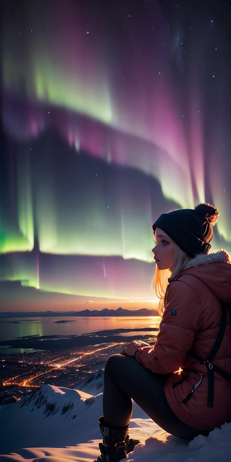 realisitic，Fantastic Aurora Borealis，You can see the small lights of the city below，Beautiful scenery，A girl is watching from a hill in the distance