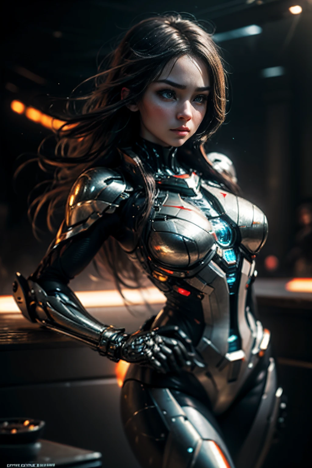 megan fox), Cinematic, hyper-detailed, black muscles with neon veins, perfect muscular anatomy of a bald super muscular female android girl. Beautiful color grading, enhancing the overall cinematic feel. Unreal Engine renders her anatomic cybernetic muscle suit to life; mesmerizing. With depth of field (DOF), every detail is focused and accentuated, drawing attention to her eyes and the intricate design of the anatomic cybernetic muscle suit . Max image resolution, using super-resolution technology to ensure pixel perfection. Cinematic lighting enhances her aura, while anti-aliasing techniques like FXAA and TXAA keep the edges smooth and clean. Realistic raytracing with RTX technology for perfect rendering of the anatomic cybernetic muscle suit. Additionally, SSAO (Screen Space Ambient Occlusion) gives depth and realism to the scene, the girl's anatomic cybernetic muscle suit become even more realistic. In the post-processing and post-production stages, tone mapping enhancement creates a captivating visual experience. The integration of CGI (Computer-Generated Imagery) and VFX (Visual Effect brings out the anatomic cybernetic muscle suit's intricate features seamlessly. Incredible detail with, with intricate hyper maximalist and hyper-realistic elements meticulously crafted into the artwork. Volumetric effects add depth and dimension, with unparalleled photorealism. 8K image resolution render, ensuring super-detailed visuals. The volumetric lightning adds a touch of magic, highlighting her beauty and the aura of her anatomic cybernetic muscle suit in an otherworldly way. High Dynamic Range (HDR) technology makes the colors pop, adding richness to the overall composition. Ultimately, this artwork presents an unreal portrayal of a super muscled cybernetic female android