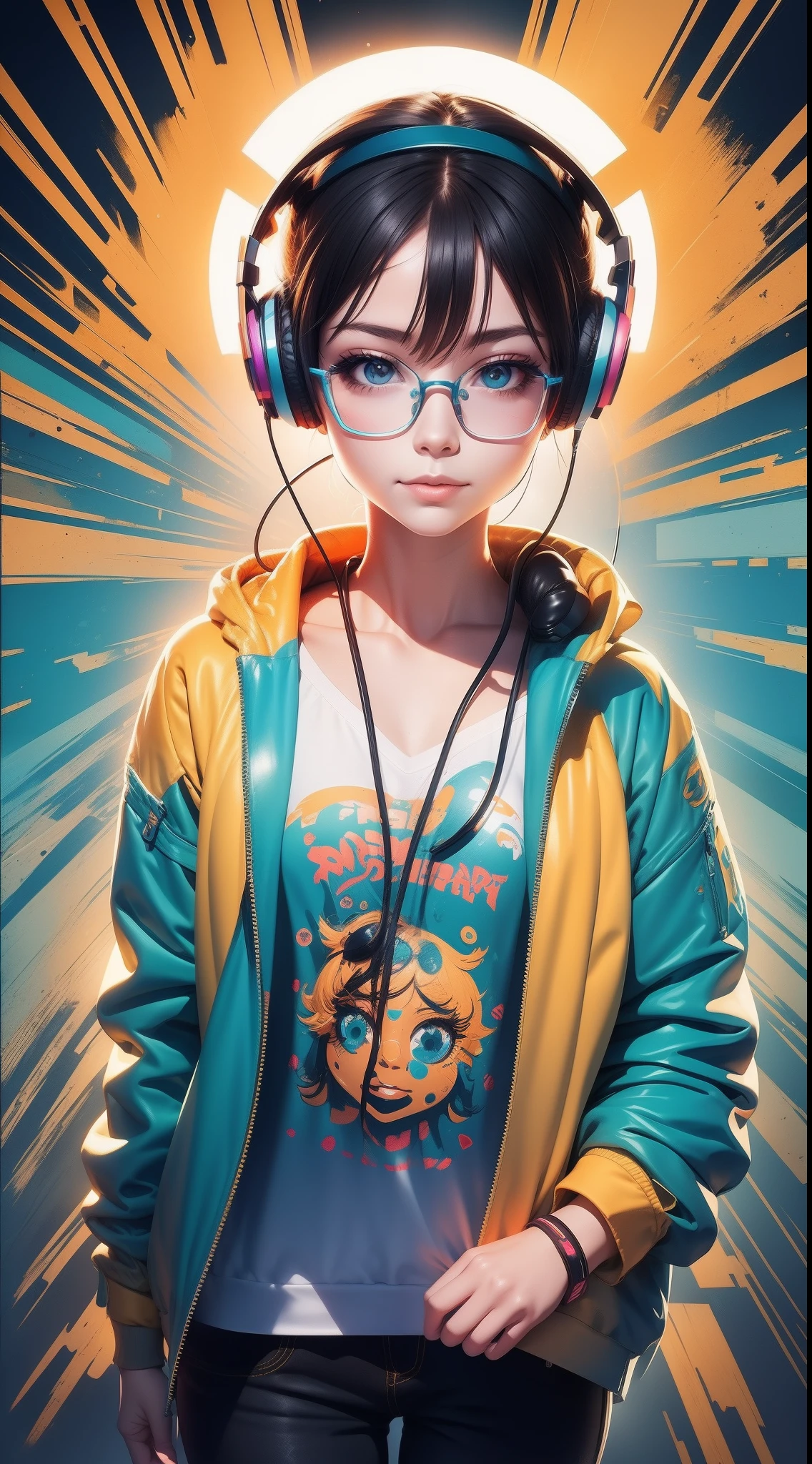 vectorial art, Color graffiti illustration, Girl listening to music wearing headphones,Lunette de soleil。 are in the center, Bright colors, Adobe illustrator, High detail, white backgrounid