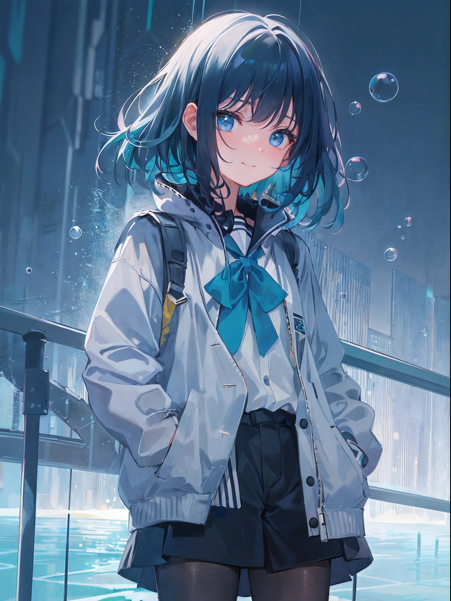 ((top-quality)), ((masterpiece)), ((ultra-detailliert)), (extremely delicate and beautiful), girl with, 独奏, cold attitude,((Black jacket)),She is very(relax)with the(Settled down)Looks,A dark-haired, depth of fields,evil smile,Bubble, under the water, Air bubble,bright light blue eyes,Inner color with light blue hair and dark blue tips,Cold background,Bob Hair - Linear Art, shortpants、knee high socks、White uniform like school uniform、Light blue ribbon ties、Clothes are sheer、Hands in pockets