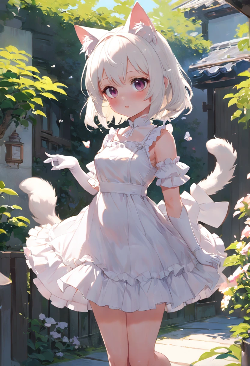 (((No arm frills required)))Anime cat-eared girl in white dress standing in garden, Lori in dress having breakfast, small curvy loli, artwork in the style of guweiz, guweiz on pixiv artstation, guweiz on artstation pixiv, guweiz, small loli girl, soft anime illustration, Anime visuals of cute girls, Detailed Digital Anime Art,(((No arm frills required)))