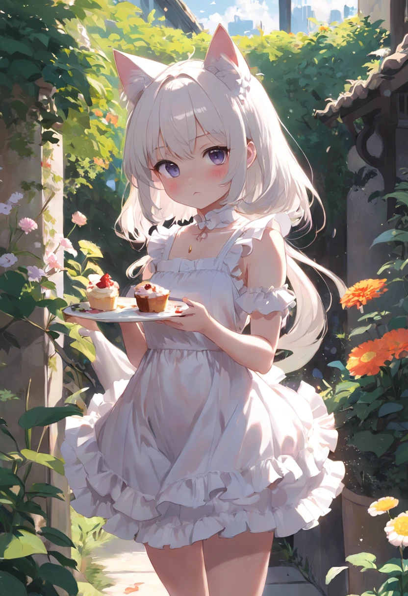 (((No arm frills required)))Anime cat-eared girl in white dress standing in garden, Lori in dress having breakfast, small curvy loli, artwork in the style of guweiz, guweiz on pixiv artstation, guweiz on artstation pixiv, guweiz, small loli girl, soft anime illustration, Anime visuals of cute girls, Detailed Digital Anime Art，(((No arm frills required)))