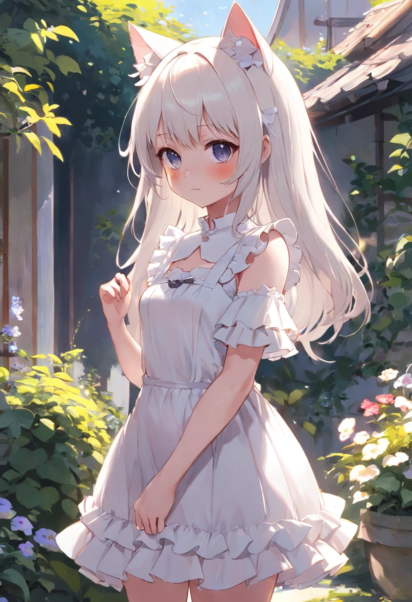 (((No arm frills required)))Anime cat-eared girl in white dress standing in garden, Lori in dress having breakfast, small curvy loli, artwork in the style of guweiz, guweiz on pixiv artstation, guweiz on artstation pixiv, guweiz, small loli girl, soft anime illustration, Anime visuals of cute girls, Detailed Digital Anime Art,(((No arm frills required)))
