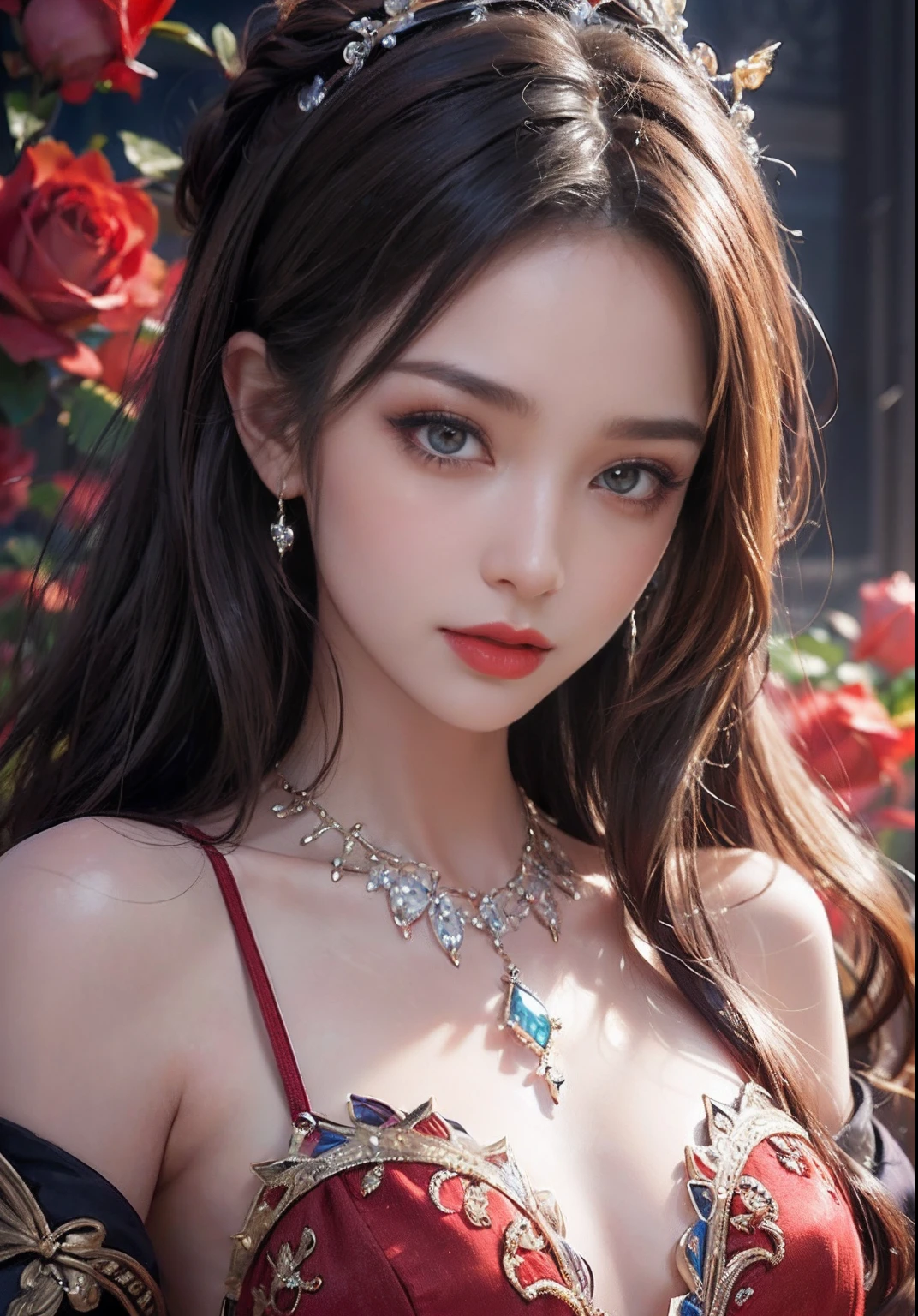 （(独奏)）,Official art,Face Focus,（(a small face:1.5)）,Looking at Viewer,（(Costumes in Greek mythology)）,18year old,One Beautiful Girl, Swarovski Red Silk Dress, Iridescent long ponytail,Curling hair on the head,Mesh Hair Color, （(bangss:1.8)）,Swarovski crown, ear jewelry, Gorgeous and rich necklace, Dark purple eyes, Detailed makeup, Red Lip,（(A smile:0.8)）, closes mouth, eye line,eyeshadows,blusher, （cleavage of the breast:1.37）, a large bust, Slim waist, Greek Art Textures, Colorful and realistic colors, RAW Photos, Realistic Photos, ultra-quality,8k wallpaper,extreme light and shadows, (Fantasy Light:1.37), （Zentangle:1.37）, Perfect Anatomy,ultradetailed eyes,A detailed face,Detailed limbs , （(Rose background)）,Upper body photo、Angle photo:1.2,Red Theme