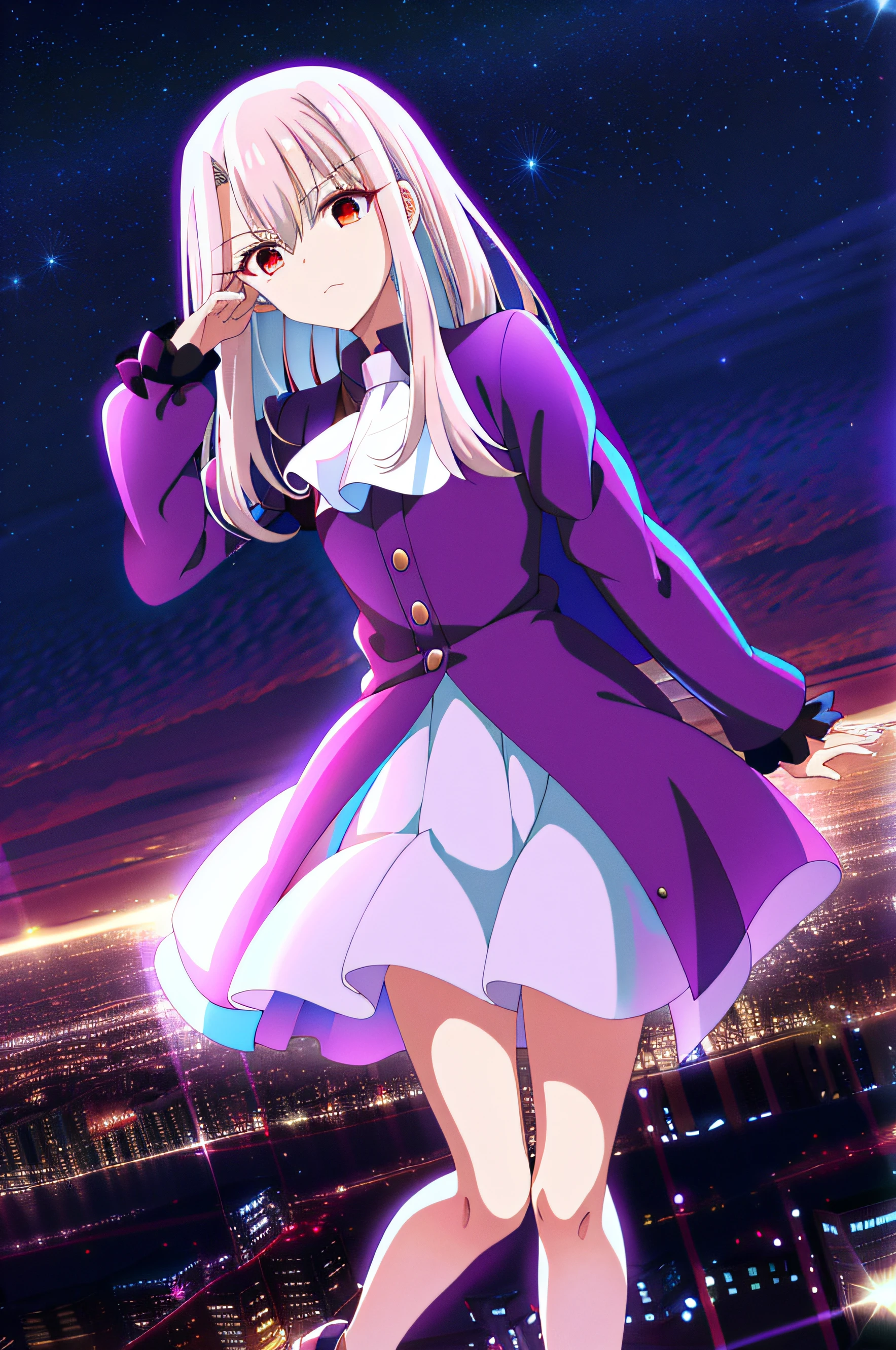 (tmasterpiece:1.4), (best qualtiy:1.4), 1girll, 独奏, kawaii,under below, standing on your feet, Red Eyes, White hair, Long whit hair, (Elias Building, Edsborne:1.2), By bangs, The hair is between the eyes, scowling, looking at viewert,Purple shirt,white skirt,purple ascot, 城市, Overlooking the city, Skysky, the night,full body Esbian,Riding a motorcycle