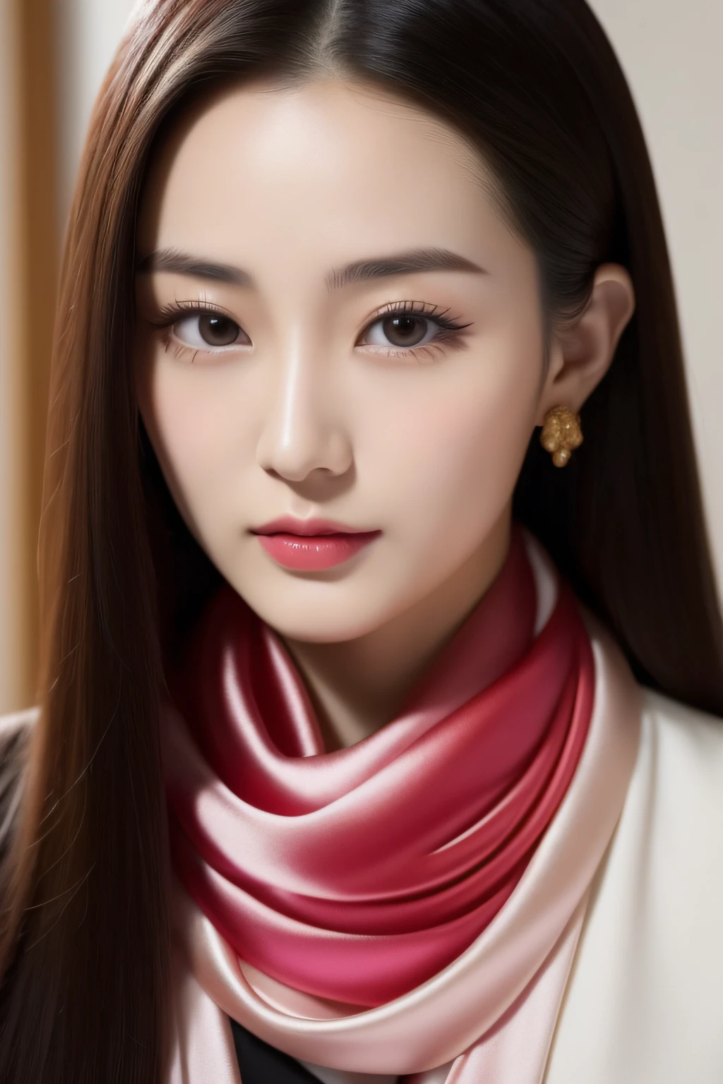 Close-up of a woman wearing a silk scarf and necklace, gorgeous chinese models, She was about 25 years old, she is about 30 years old, 8k selfie photograph, She was about 32 years old, Gorgeous young Korean woman, dilraba dilmurat, Scarf, beautiful Korean women, xintong chen, young cute wan asian face