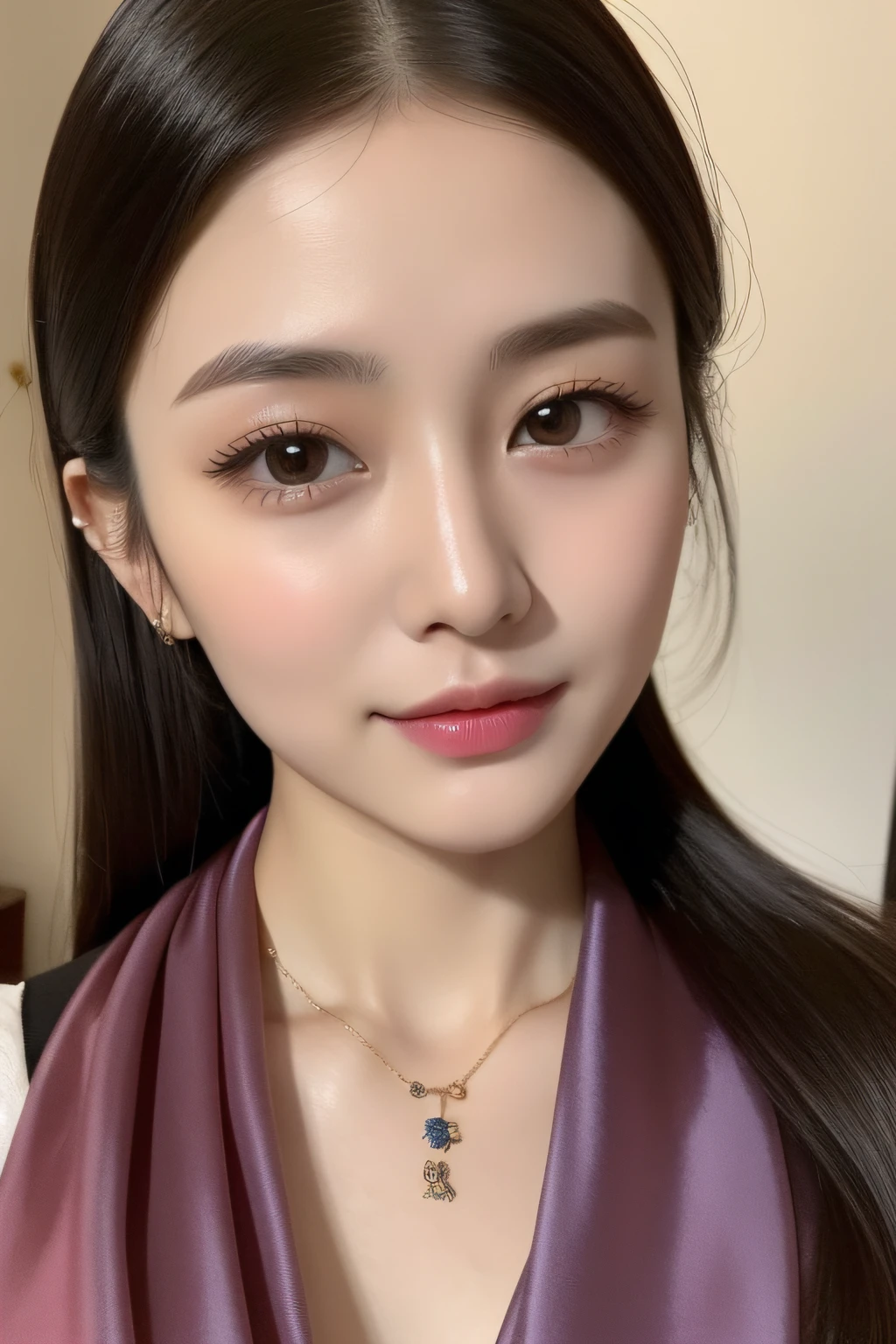 Close-up of a woman wearing a silk scarf and necklace, gorgeous chinese models, She was about 25 years old, she is about 30 years old, 8k selfie photograph, She was about 32 years old, Gorgeous young Korean woman, dilraba dilmurat, Scarf, beautiful Korean women, xintong chen, young cute wan asian face