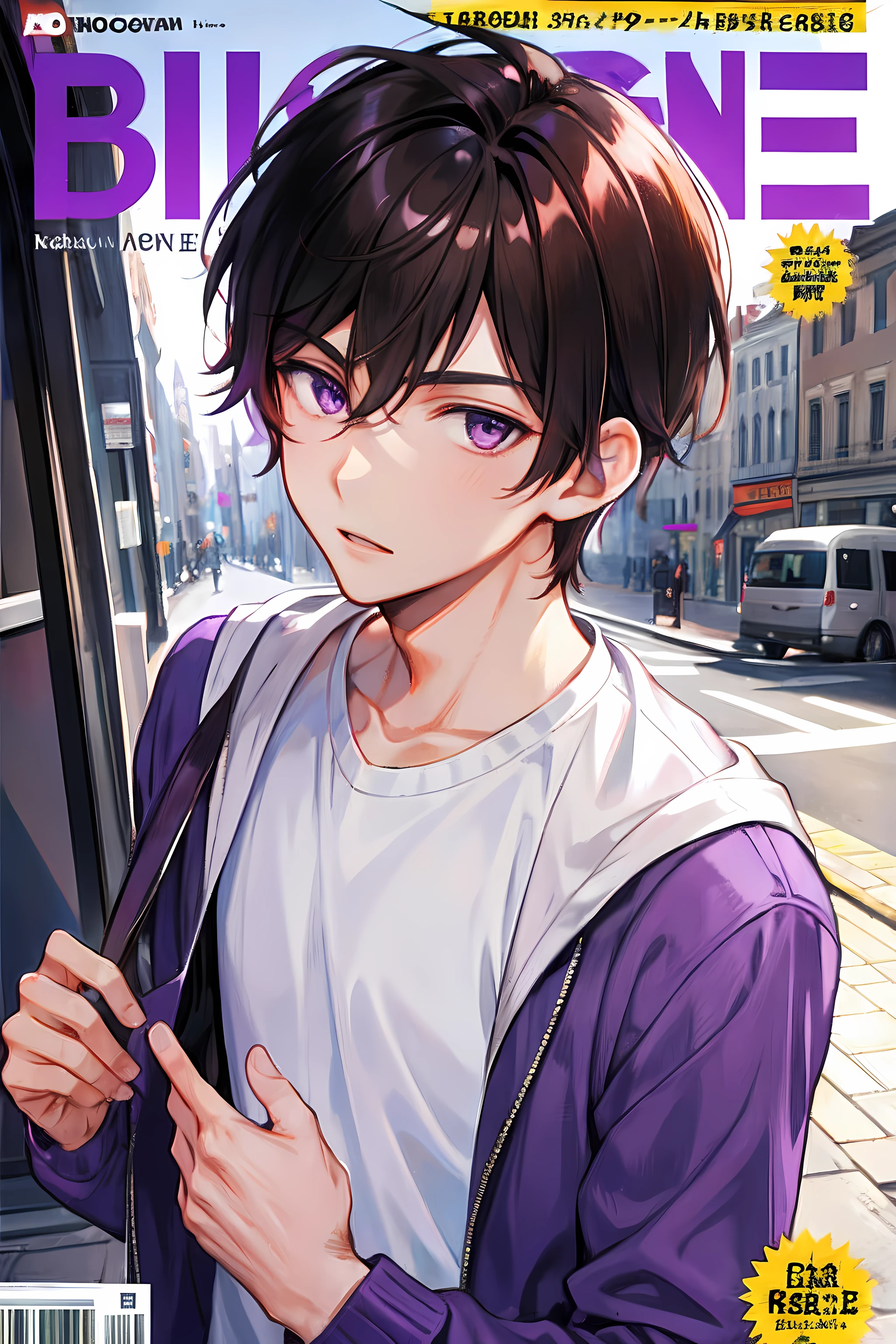 1 boy, handsome boy, brown hair, short hair, hair between eyes, street style,, shiny, purple eyes, looking at viewer, upper body, megazine cover