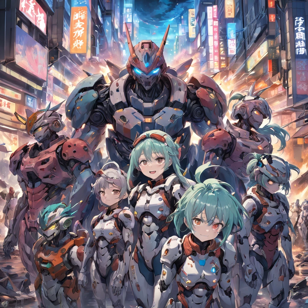 "8k quality, Group portrait, Japanese anime style, Soft glow effect, Portrait of war tired damaged smiling cybernetic soldiers of mixed men, women, boys and girls, War is over, War ravaged city on planet venus, Various hairstyles and colorful differently armored body suits and headwear, Mechanical and biological body parts, Glowing eyes showing exhaustion and relief, Normal ears, Smiling exhausted expressions, Sunset lights, Canon EOS R5, f/1.2, 24mm, Oil painting render style, Toriyama, Oda, Tezuka"