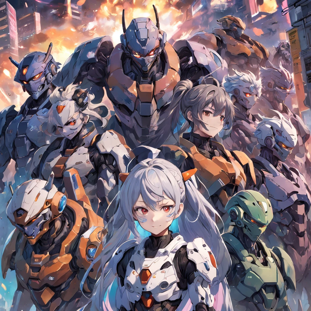 "8k quality, Group portrait, Japanese anime style, Soft glow effect, Portrait of war tired damaged smiling cybernetic soldiers of mixed men, women, boys and girls, War is over, War ravaged city on planet venus, Various hairstyles and colorful differently armored body suits and headwear, Mechanical and biological body parts, Glowing eyes showing exhaustion and relief, Normal ears, Smiling exhausted expressions, Sunset lights, Canon EOS R5, f/1.2, 24mm, Oil painting render style, Toriyama, Oda, Tezuka"