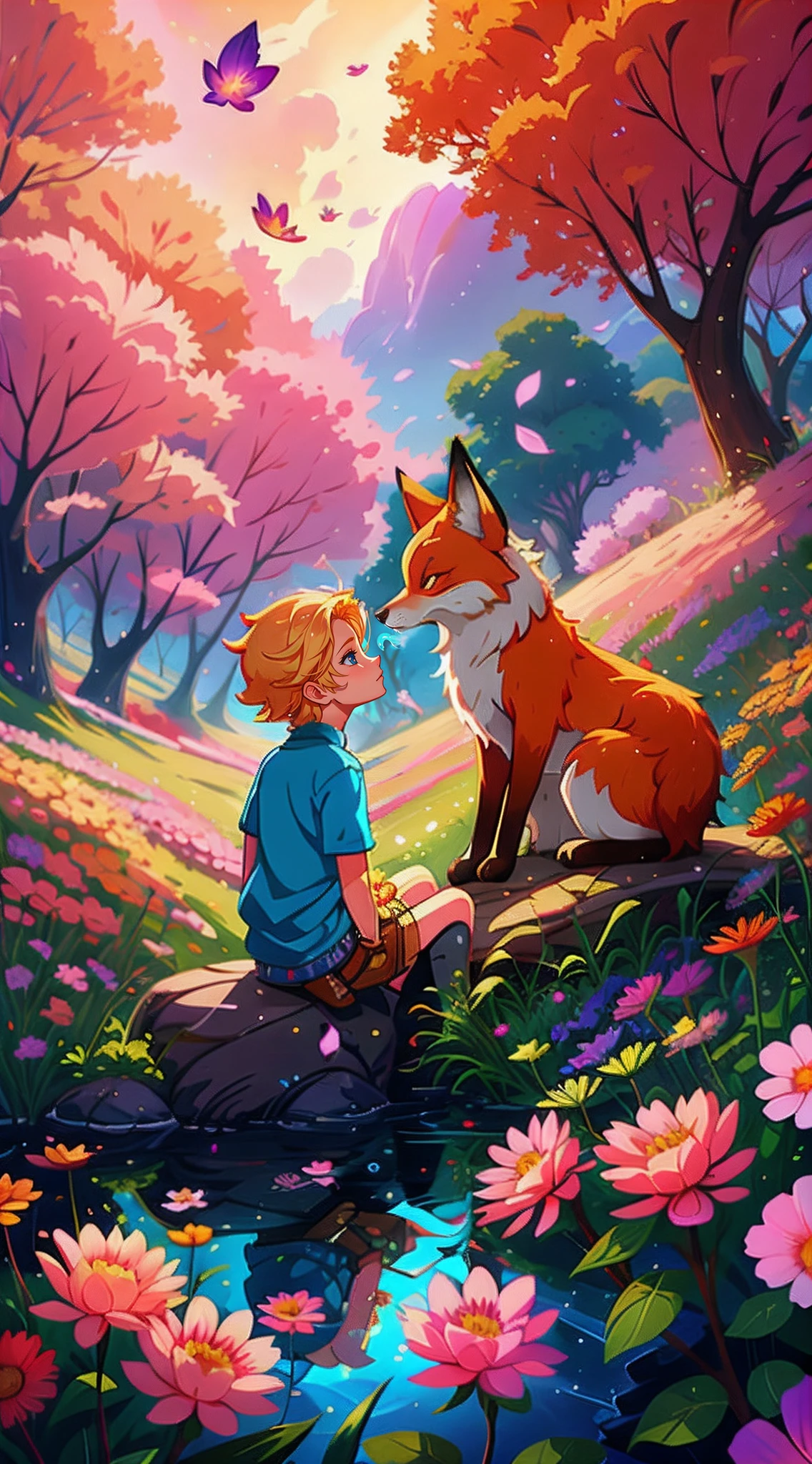 Blonde boy and fox sitting on a rock in a field of flowers, fantasy fox love, beeple and jeremiah ketner, cyril rolando and goro fujita, inspired by Cyril Rolando, rob rey, ethereal fox, adorable digital painting, furry fantasy art, beautiful art uhd 4 k, childrens art in artstation, cute detailed digital art, jen bartel