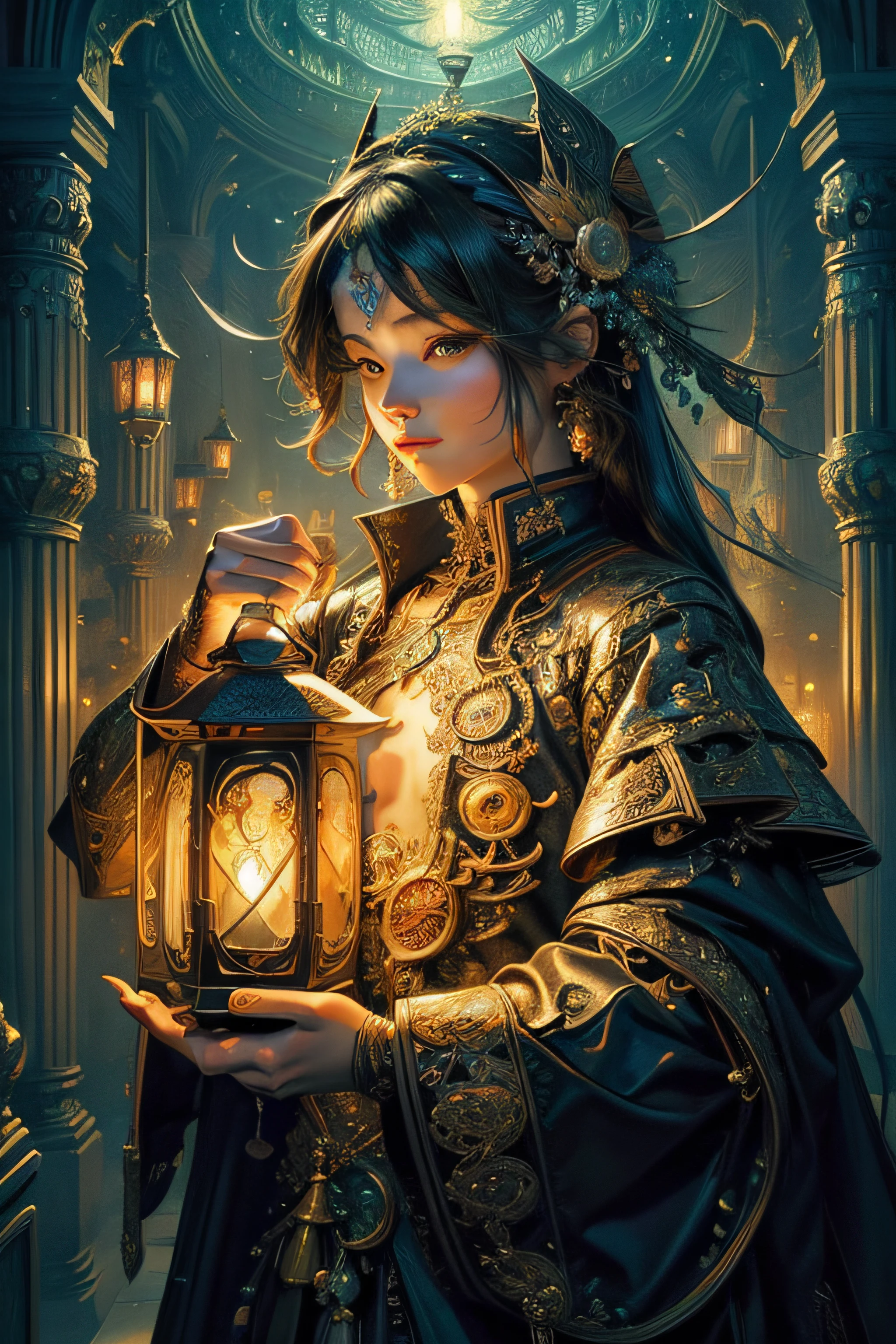 (masterpiece, top quality, best quality, official art, beautiful and aesthetic:1.2), (1boy), extreme detailed,(fractal art:1.3),colorful,highest detailed, holding lantern