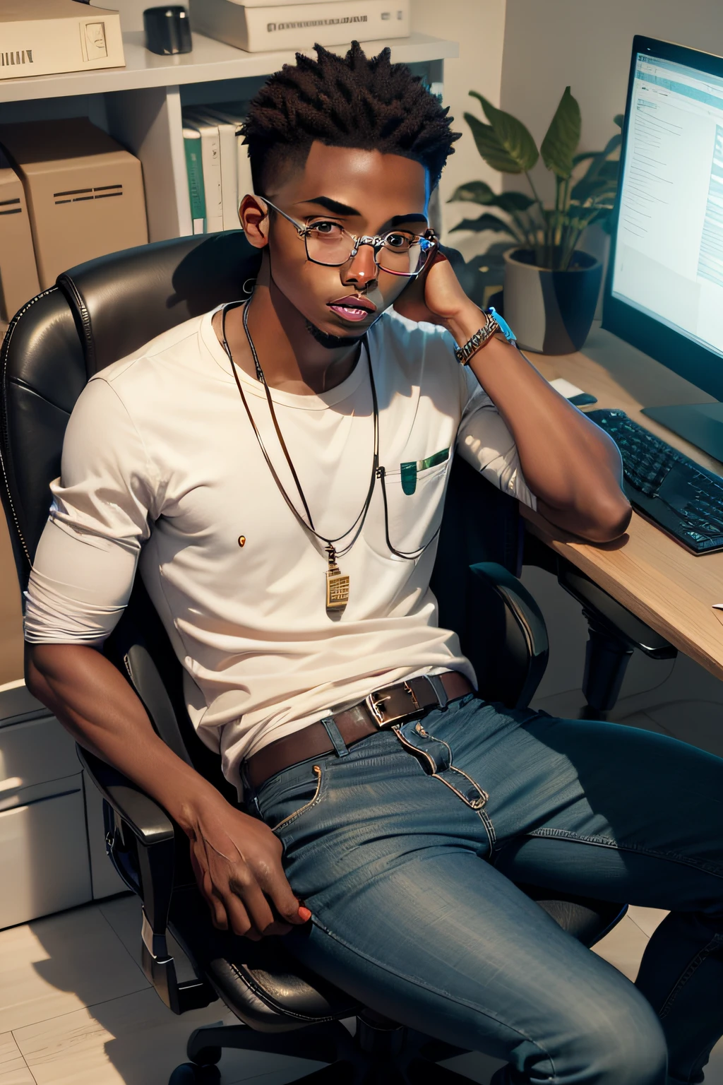 An Africa young man wearing his coporate wears seating in his office operating his computer