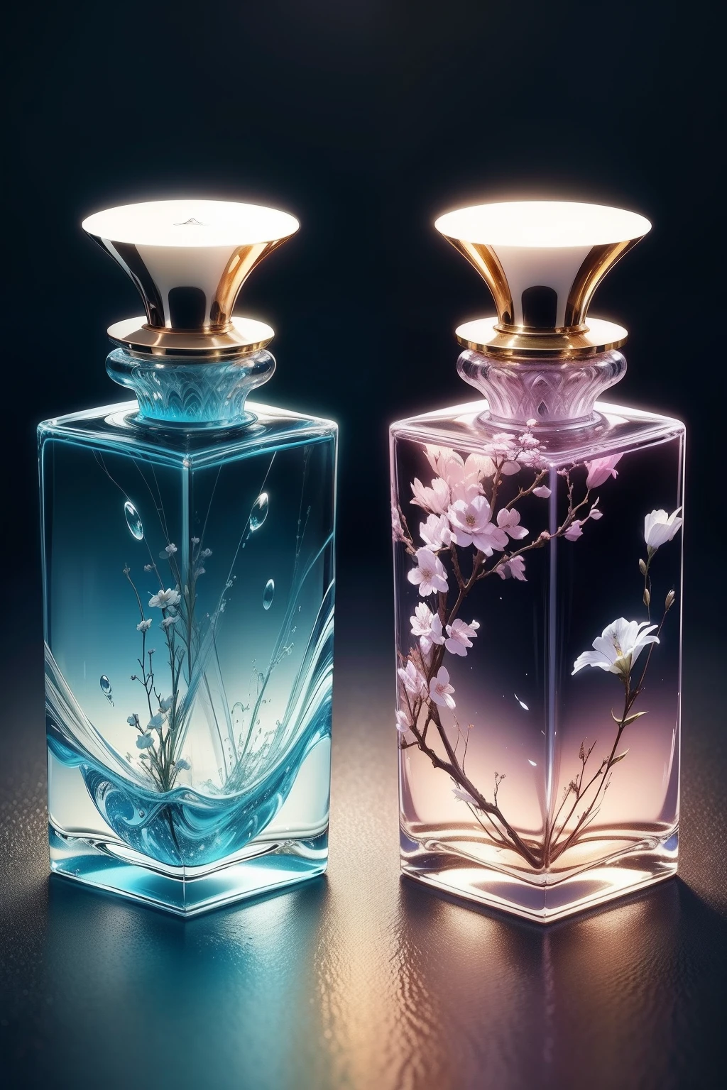 (Masterpiece), (intriciate detail), (Photorealistic:1.3), 1 cute Japanese model, Elegant magazine advertising model for cosmetics, Posing with cosmetics, Crystal material (perfume bottles), Butterfly and Flowers, universe, Marine Blue Theme, Black background, studio_light,