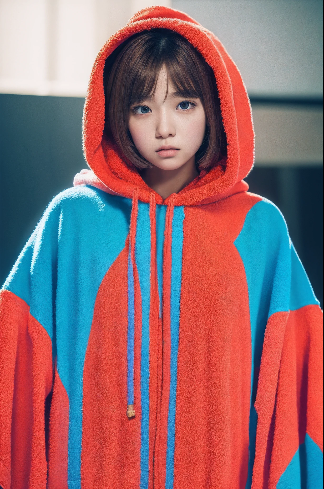 the Extremely Detailed CG Unity 8K Wallpapers、top-quality、ultra-detailliert、masterpiece、studio shoot、Full body portrait、(Red and cyan multicolor hoodie, Towel fabric:1.4), realisitic、Behind the photo、large full breasts、realisitic、Photo Real、extremely detailed cute girl、独奏、sixteen years old、sleepy expression, on the beds, Brown hair, Long bob cut, dishevled hair, Floating hair、Sleeping habits、out of focus、blur、