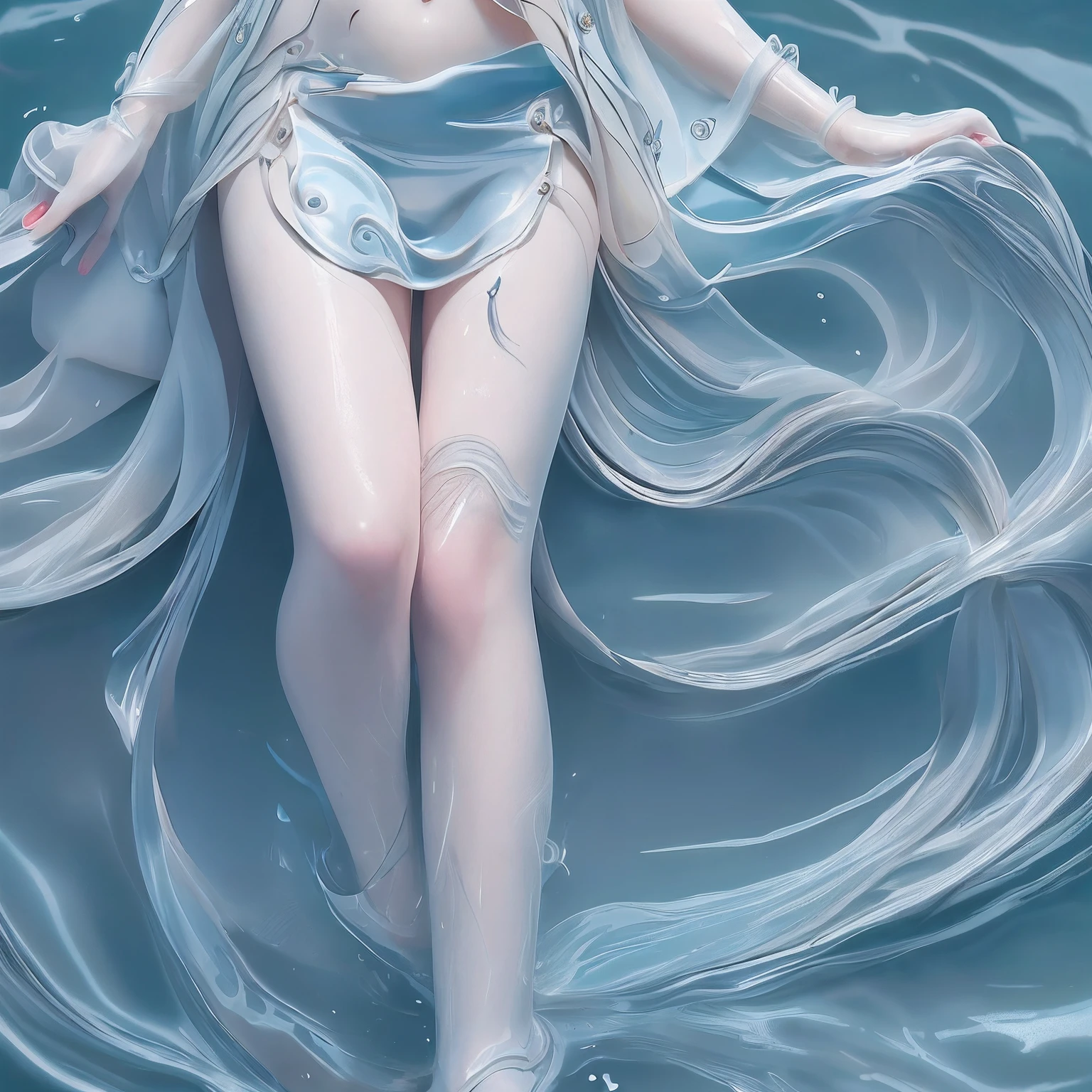 ​masterpiece, top-quality, ultra-detailliert, illustratio, portraitures, 1girl in, blue eyess, greyt hair,middlebreasts, swim wears, The bikini、Full body slender、long thin legs、A sexy、Cute、Under the sea、foam、Correct limb、