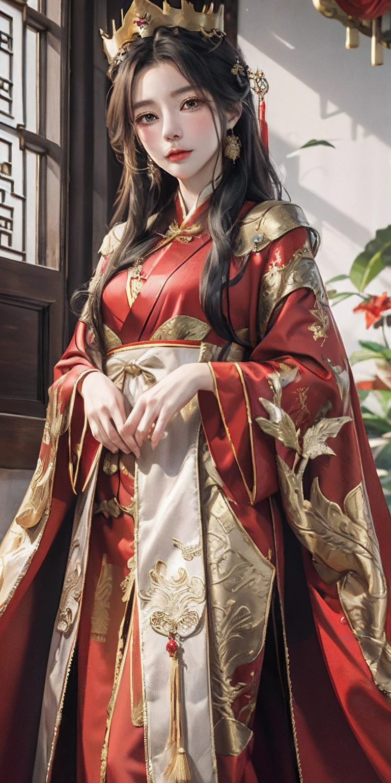 1 female，20 years old，center， She has long black hair，Red lips，Perfect thighs，(Keep your eyes on the camera:1.5)，stand up，night，wooden pavilion，Chinese Palace，From the front， curls，Hair flying， Gloomy sky，（（（masterpiece），（Highly detailed CG Unity 8k wallpaper），best quality，Movie Lighting，Detailed background，Beautiful right eye pupil，（Very delicate and beautiful），（Beautiful and detailed description of the eyes），Extremely detailed，masterpiece，）），high resolution，Extremely detailed），queen of china（apparel：，Gold wire embroidery，Red cheongsam，Lace，Red cape），
