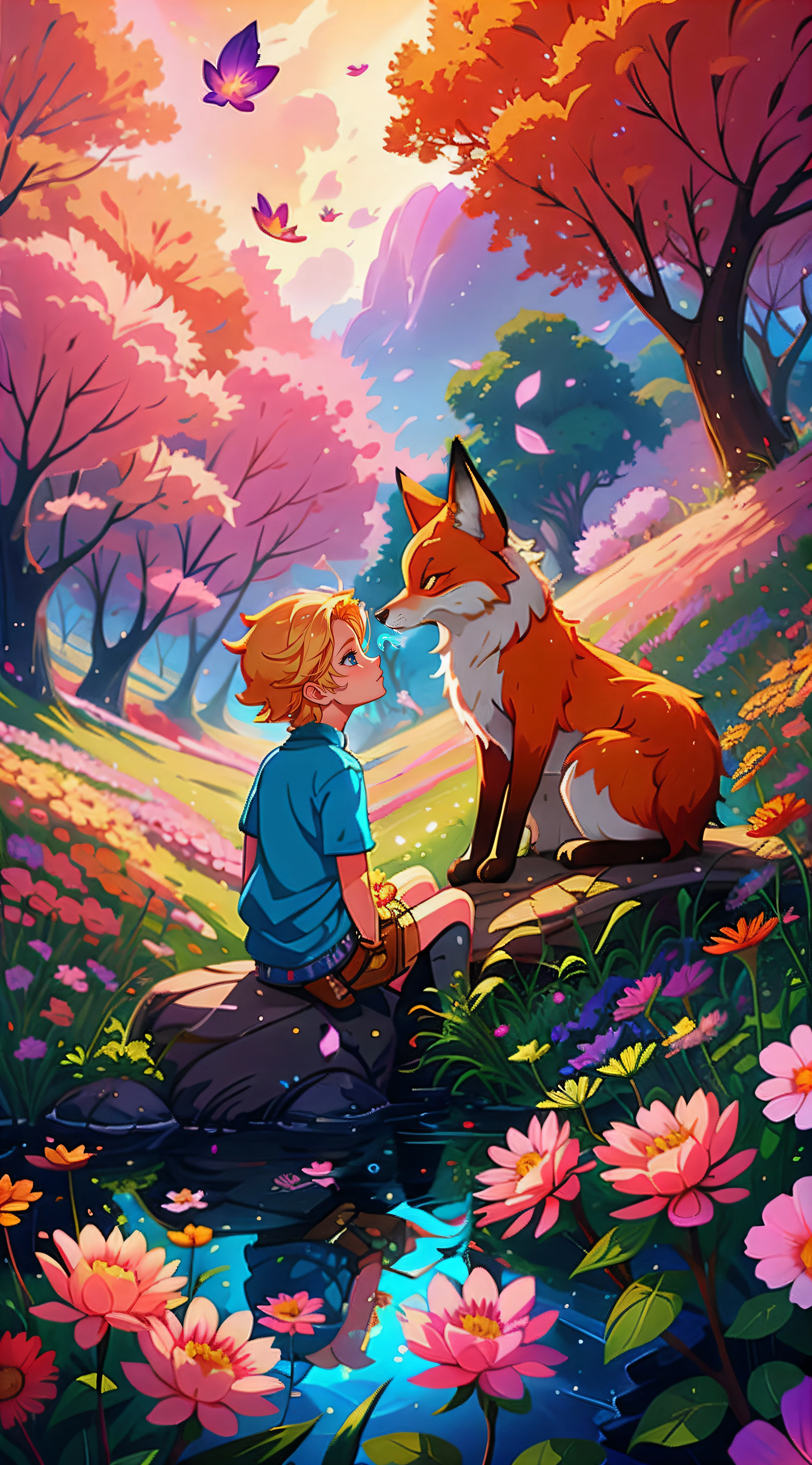 Blonde boy and fox sitting on a rock in a field of flowers, fantasy fox love, beeple and jeremiah ketner, cyril rolando and goro fujita, inspired by Cyril Rolando, rob rey, ethereal fox, adorable digital painting, furry fantasy art, beautiful art uhd 4 k, childrens art in artstation, cute detailed digital art, jen bartel
