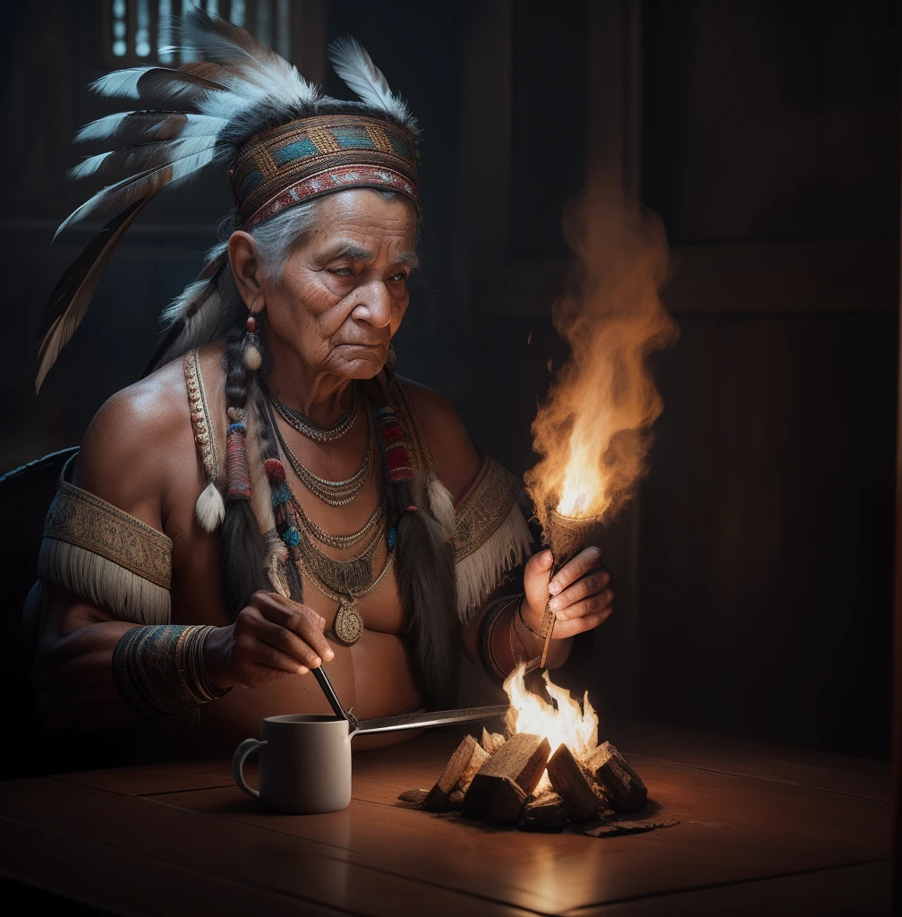 Create the dramatic lighting image of an 80-year-old American Indian with a wrinkled face, graves, braided white hair, It only has as a fudo cloth a scenario of mystery and magic with a lot of mysticism, trend digital art in Artstation 8k HD high definition detailed realistic, circunstanciado, textura da pele, hiper detalhado, textura de pele realista, armadura, melhor qualidade, ultra high-resolution, (fotorrealista:1.4), high resolution, circunstanciado, Foto RAW, sharp re, by Lee Jeffries Nikon D850 film Stock Photography 4 Kodak Portra 400 camera F1.6 lens rich colors hyper realistic lifelike texture dramatic lighting unrealengine trending on artstation cinestill 800,