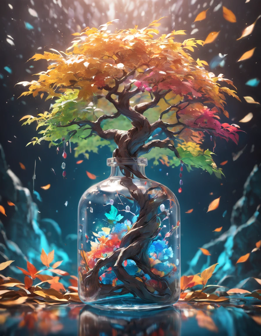 Dreamy art tree in bottle, fluffy, realistic, photo, canon, dreamy, art, colorful leaves and branches, flowers blooming on the head. Ultra-detailed photorealism by Greg Rutkowski - H 1024 W 804 | f1 6 lens mark 2:2 s 3555mm film grain: 1 lifelike high resolution Sharp focus contrast!! Complex and detailed atmospheric light refraction lighting Unreal Engine 5 Cinematic Concept Photo Masterpiece Octane Render Rendered as a trend in CGSighbour