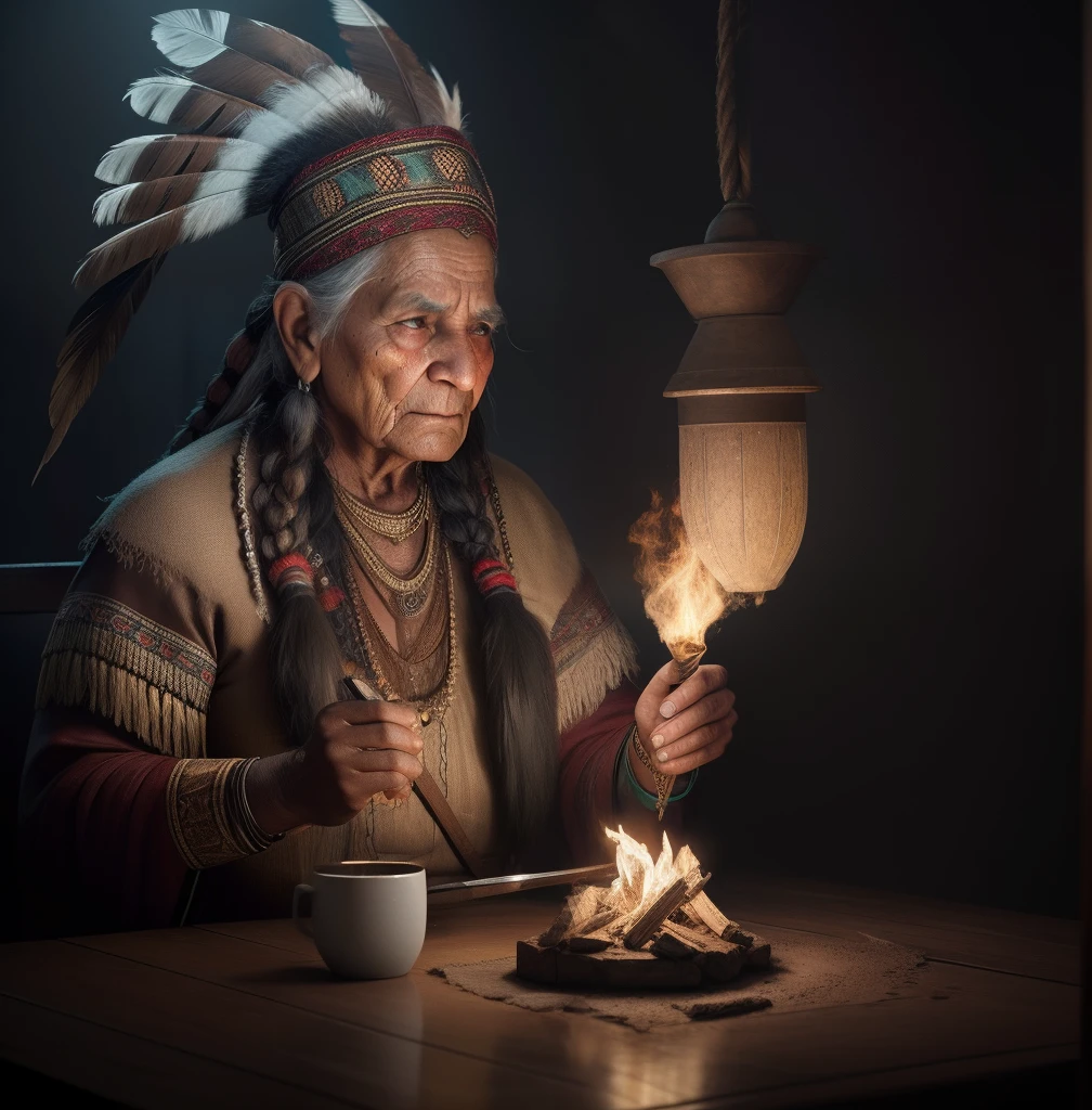 Create the dramatic lighting image of an 80-year-old American Indian with a wrinkled face, graves, braided white hair, It only has as a fudo cloth a scenario of mystery and magic with a lot of mysticism,, being observed by an owl trend digital art in Artstation 8k HD high definition detailed realistic, circunstanciado, textura da pele, hiper detalhado, textura de pele realista, armadura, melhor qualidade, ultra high-resolution, (fotorrealista:1.4), high resolution, circunstanciado, Foto RAW, sharp re, by Lee Jeffries Nikon D850 film Stock Photography 4 Kodak Portra 400 camera F1.6 lens rich colors hyper realistic lifelike texture dramatic lighting unrealengine trending on artstation cinestill 800,