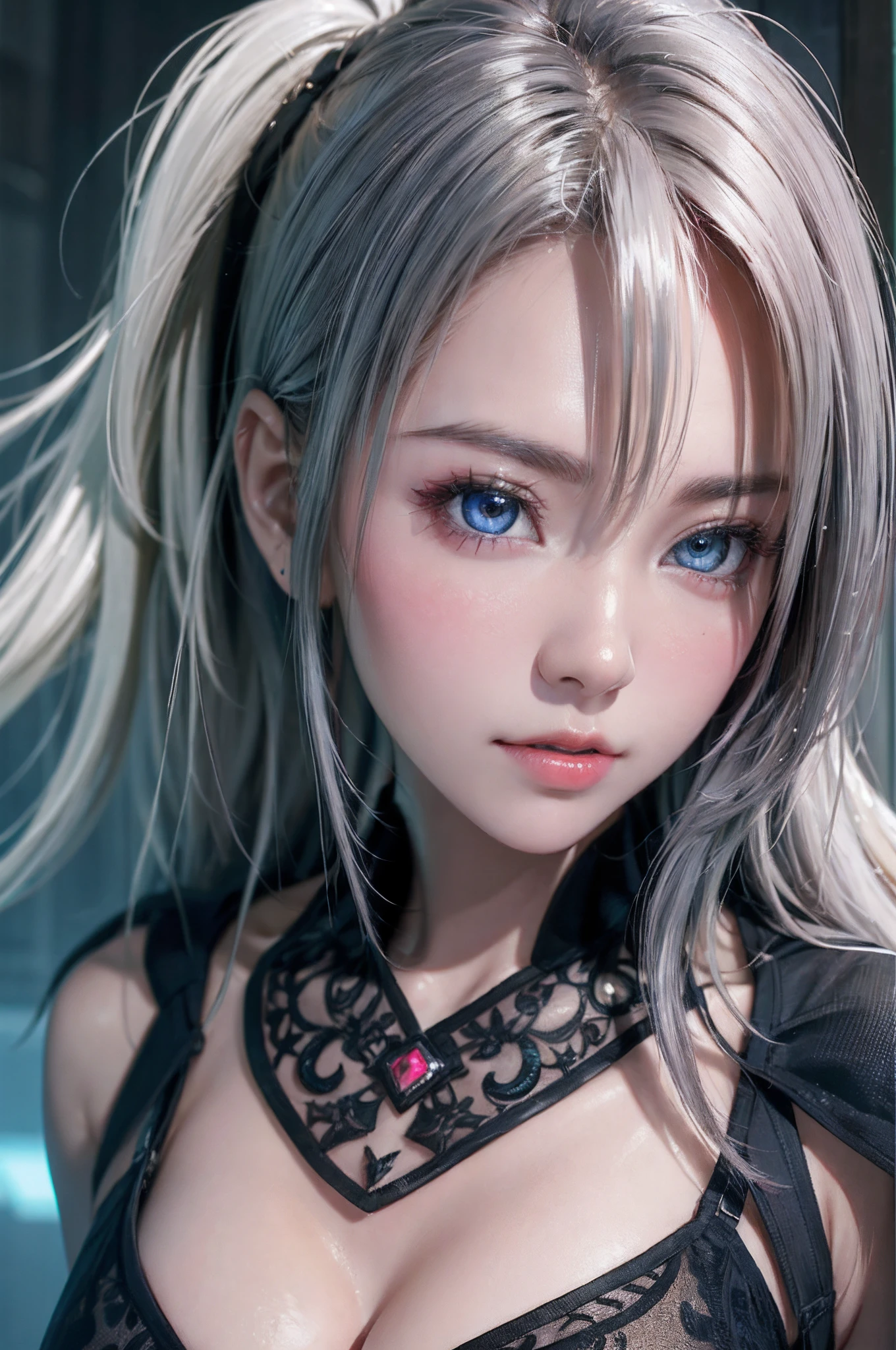 top-quality、8K Masterpiece、超A high resolution、(Photorealsitic:1.3)、Raw photo、1人、silver white hair、glowy skin、1 Cyberpunk Super Beautiful Soldier、((super realistic details))、portlate、globalillumination、Shadow、octan render、8K、ultrasharp、beauty breast、Raw skin is exposed in cleavage、metals、cold color、、highly intricate detail、Realistic light、CGSoation Trends、Beautiful eyes、radiant eyes、Facing the camera、neon details、