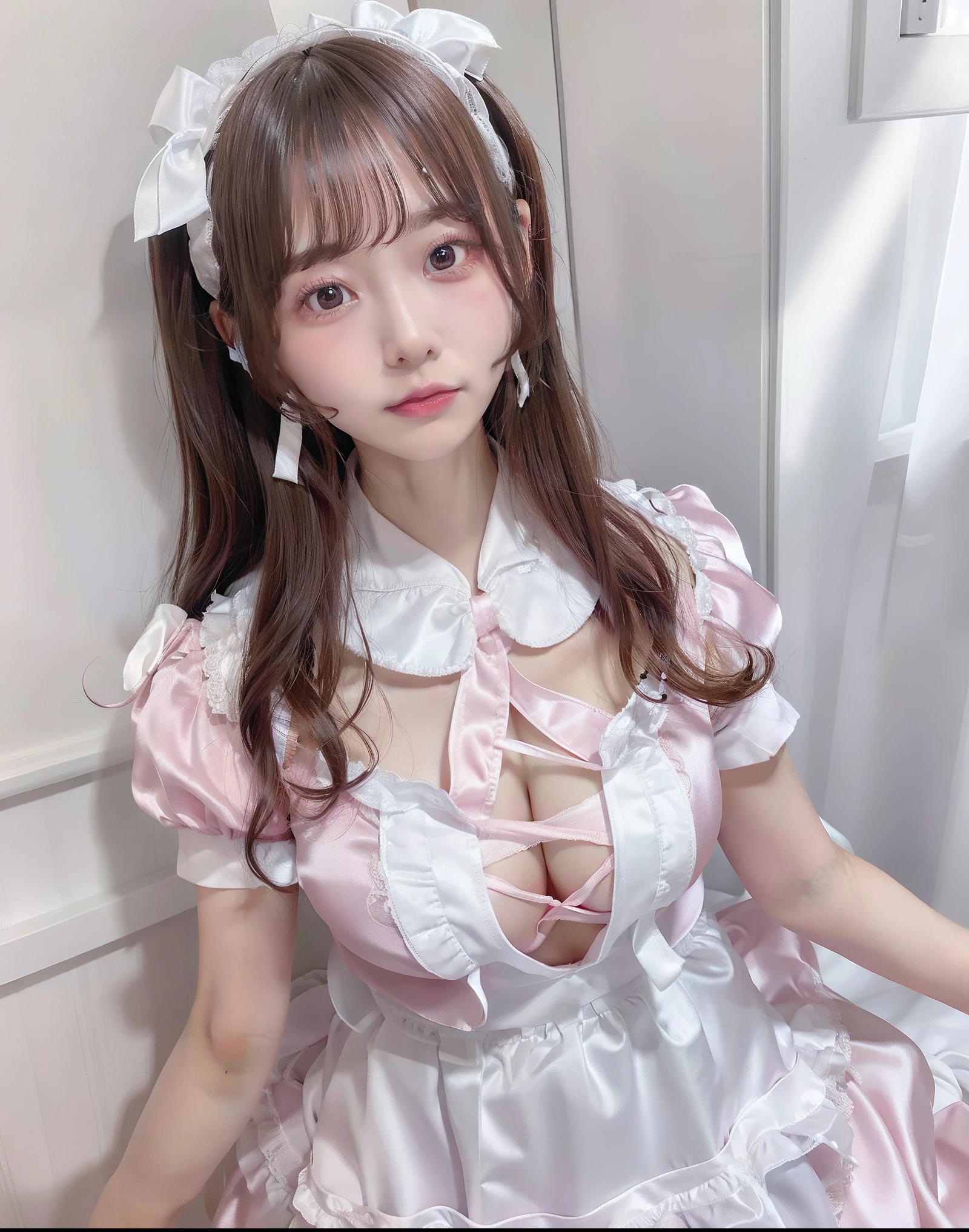 Pink Satin Maid Clothes、Large white satin ribbon、Colossal tits、Twin-tailed