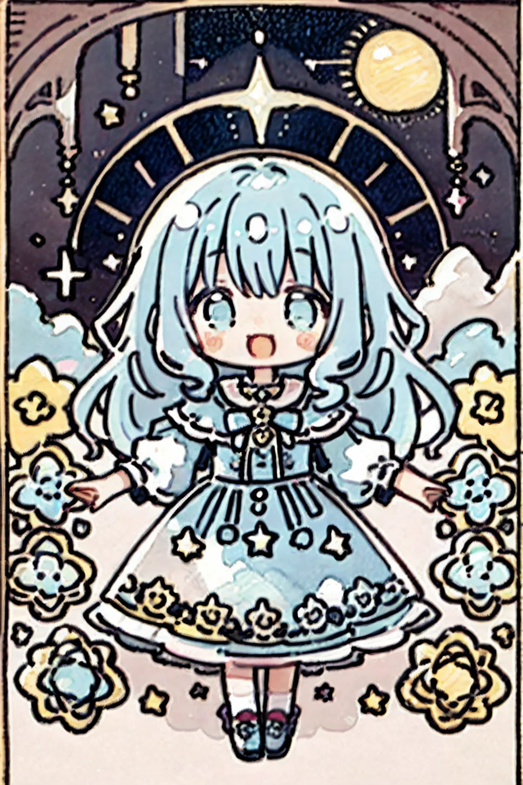 PastelColors:1.5)、(Cute illustration:1.5)、(watercolor paiting:1.2)、Light blue background、girl with、full body Esbian、A smile、Stranger、Pale yellow all over、Moya、marble、colourfull、jello、Jelly Girl、Dreams、nighttime scene、In a dream、fumo、Happiness、Dressed in a dress、1girl in、shooting stars、Fantastical、Lots of stars、Tarot Cards