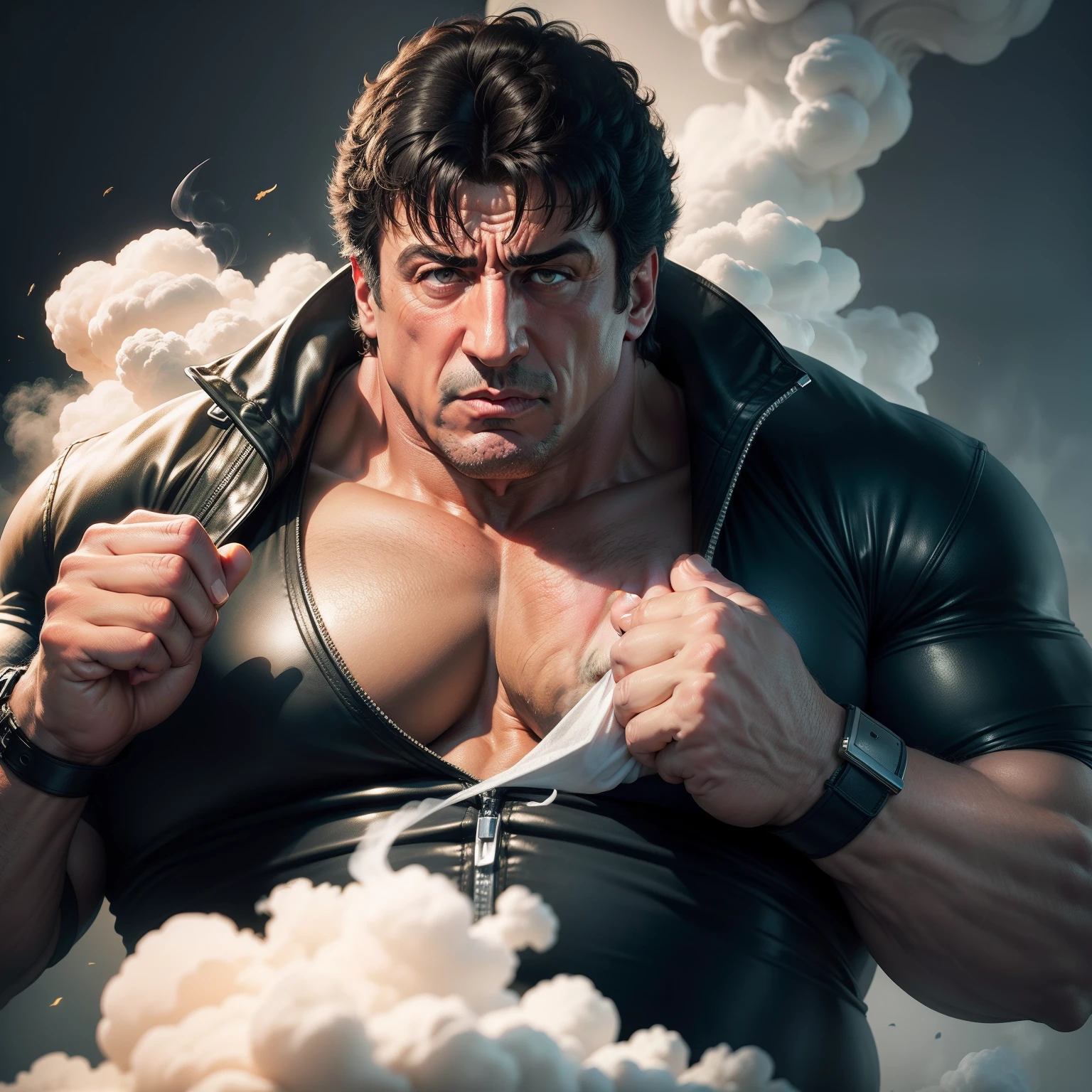 Fat Sylvester Stallone Picking his nose, blowing smoke out his face, nose, ears, concept art, 4k